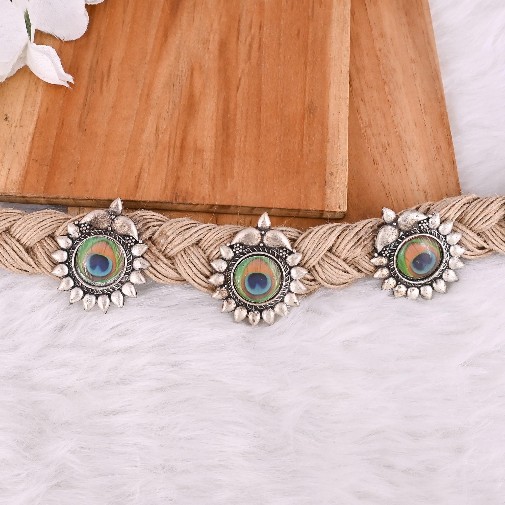 Boho Braided Jute Rope Peacock Feather Statement Necklace