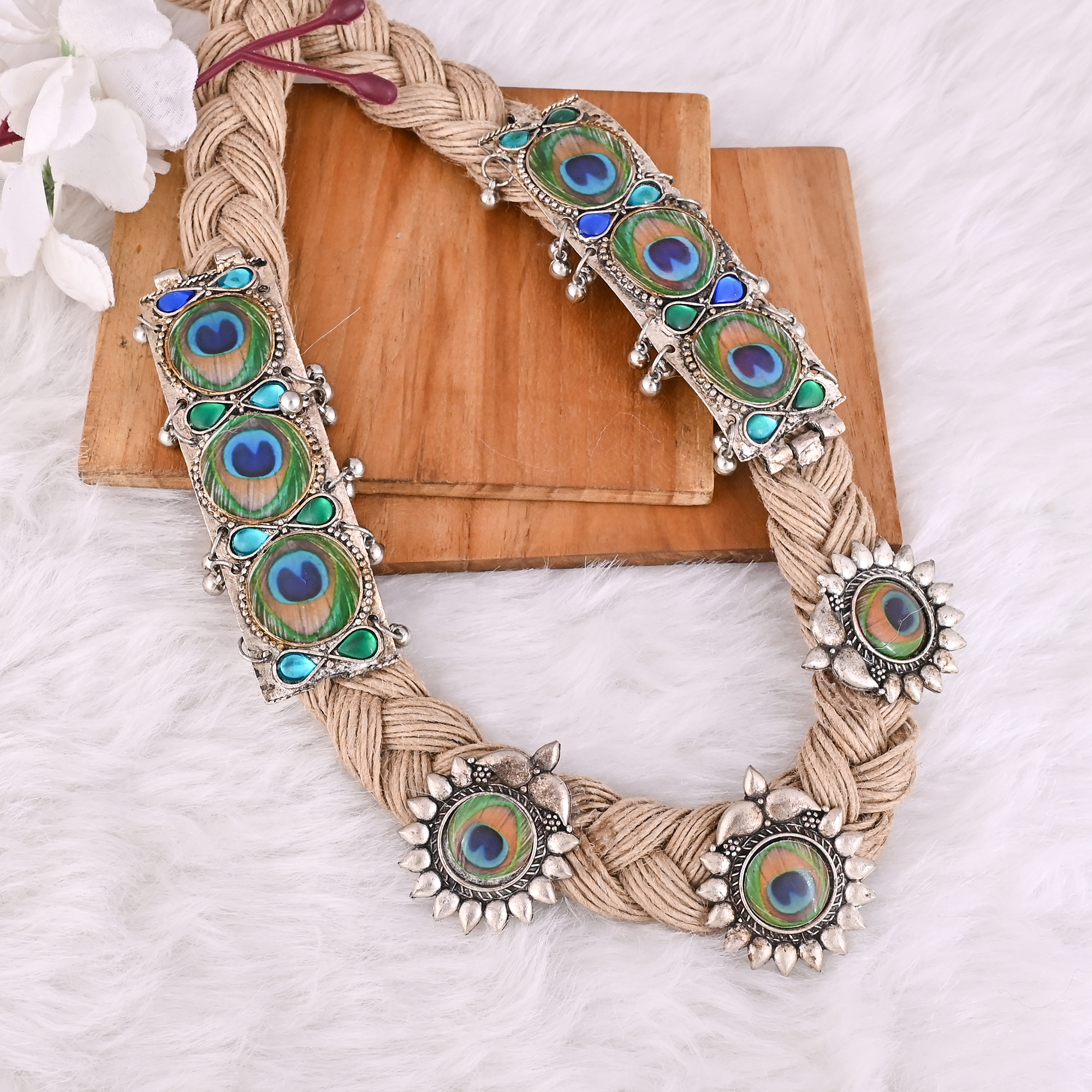 Boho Braided Jute Rope Peacock Feather Statement Necklace