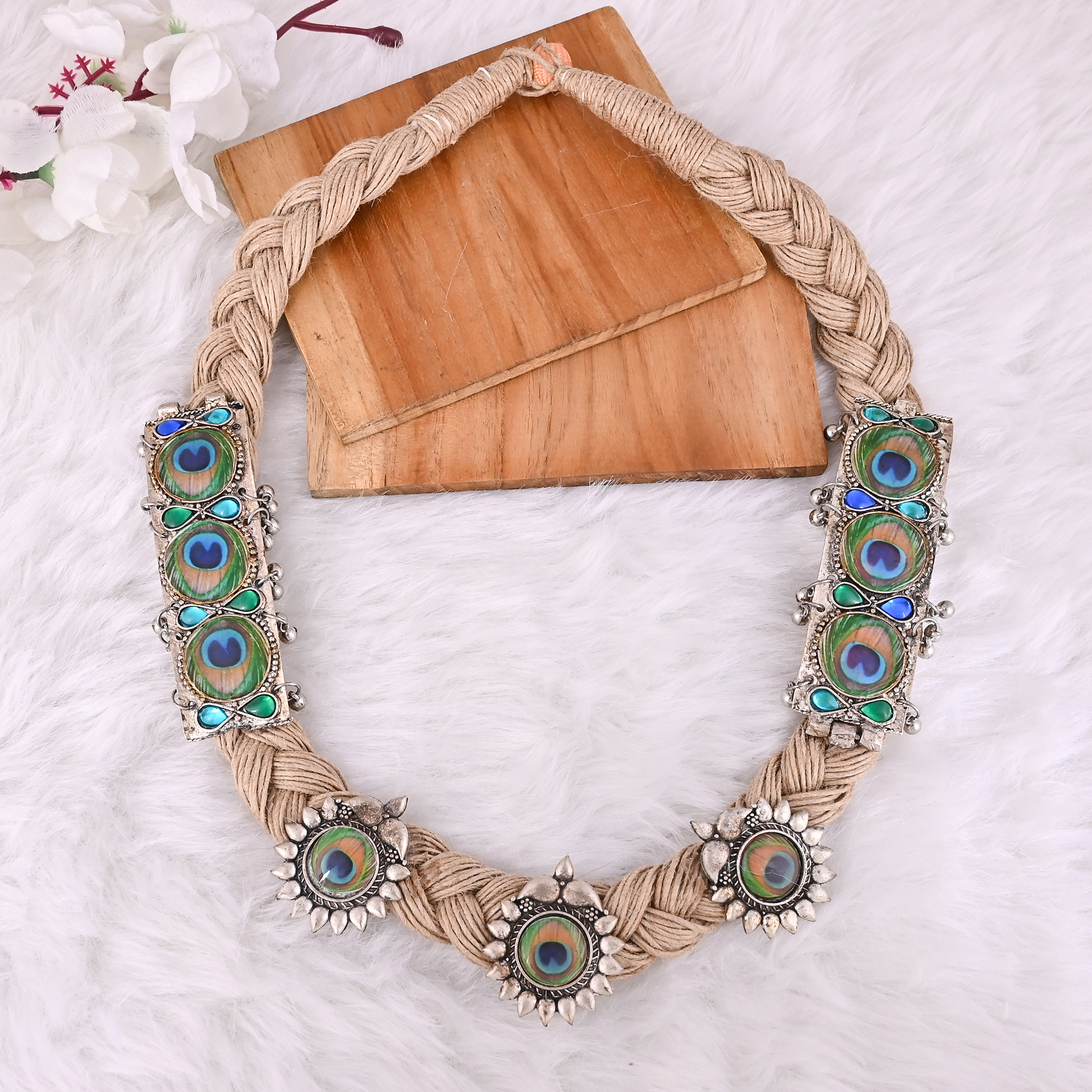 Boho Braided Jute Rope Peacock Feather Statement Necklace