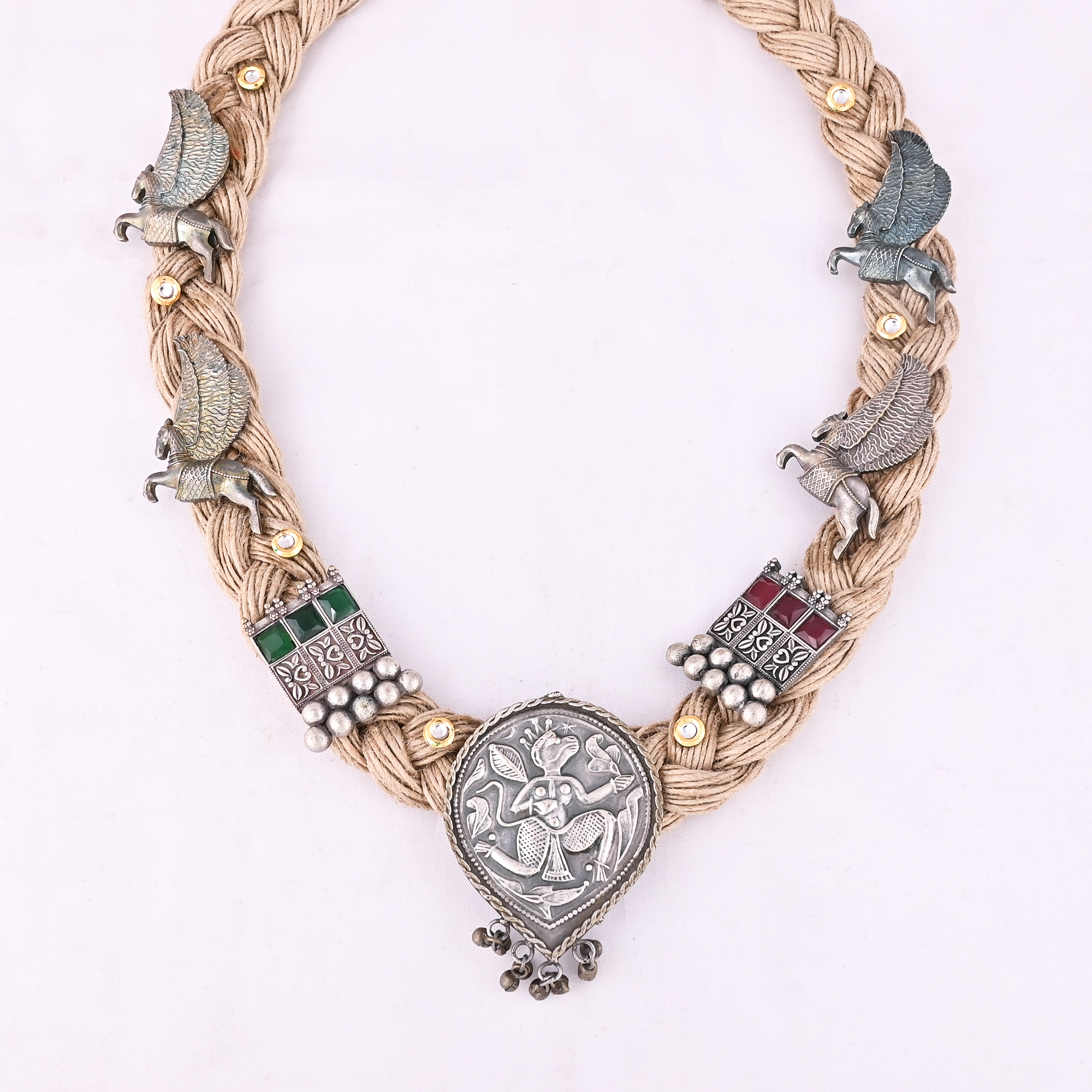 Boho Braided Jute Rope Egyptian Bastet Statement Necklace