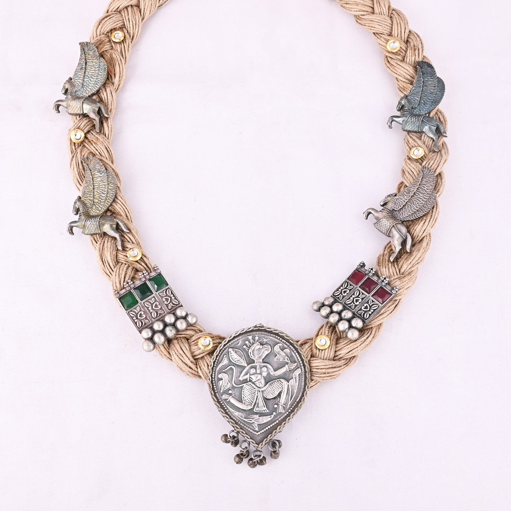 Image of Boho Braided Jute Rope Egyptian Bastet Statement Necklace