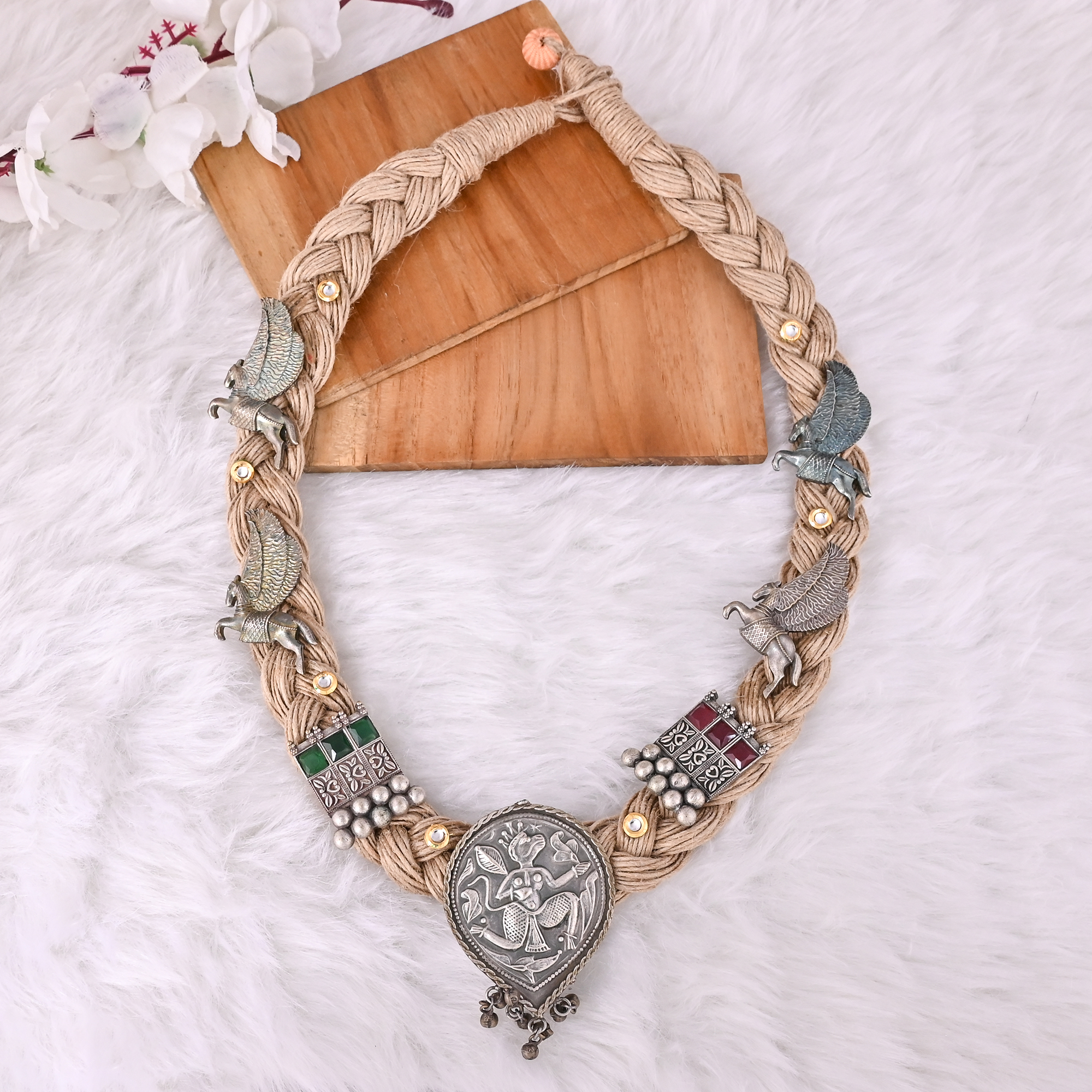 Boho Braided Jute Rope Egyptian Bastet Statement Necklace