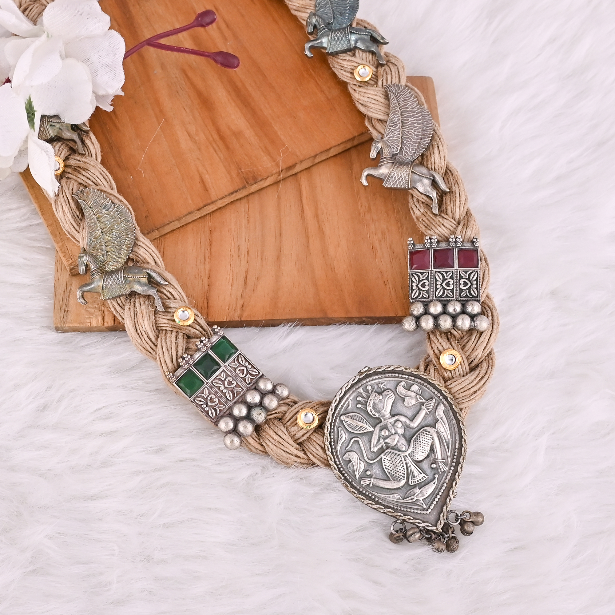 Boho Braided Jute Rope Egyptian Bastet Statement Necklace