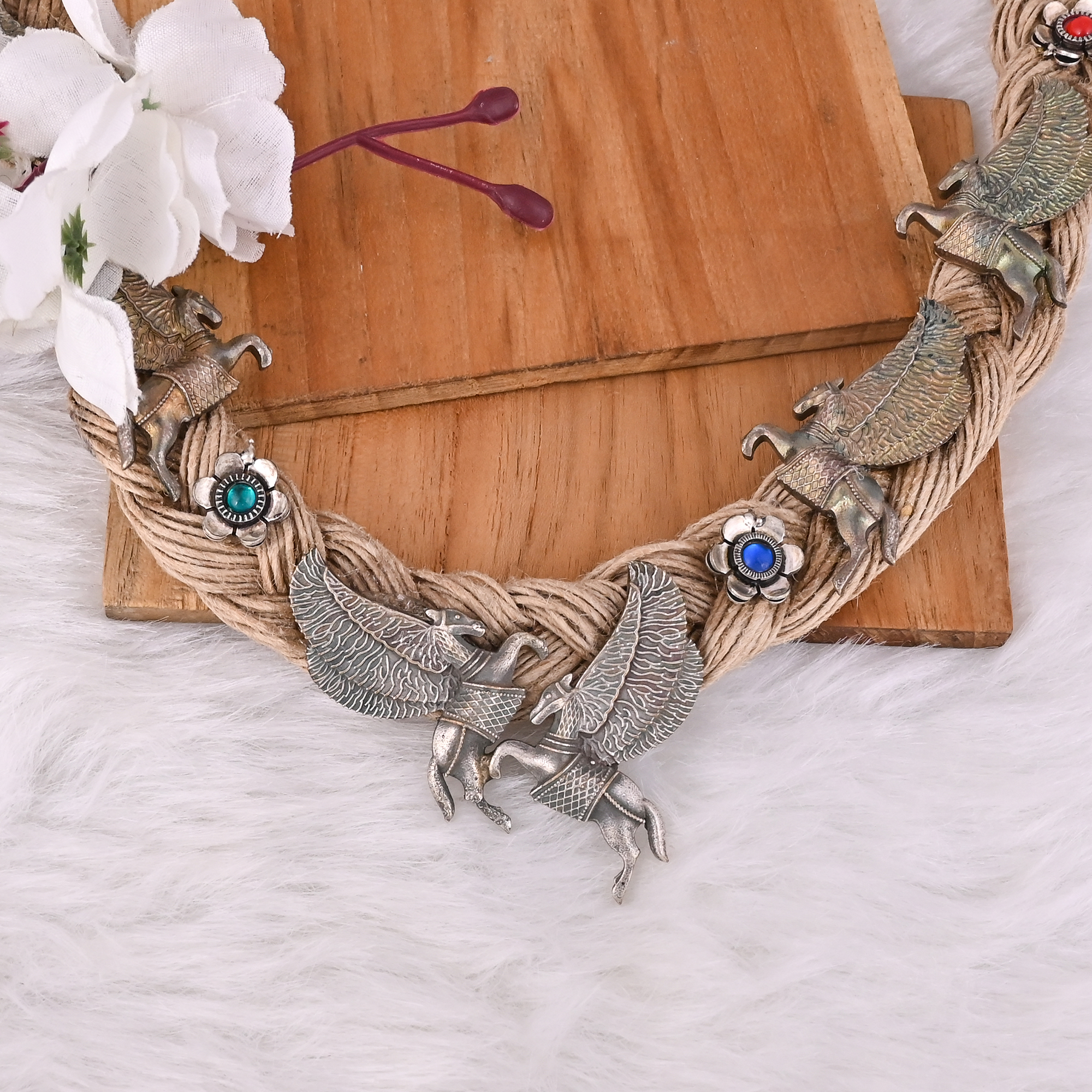Boho Braided Jute Rope Pegasus Statement Necklace