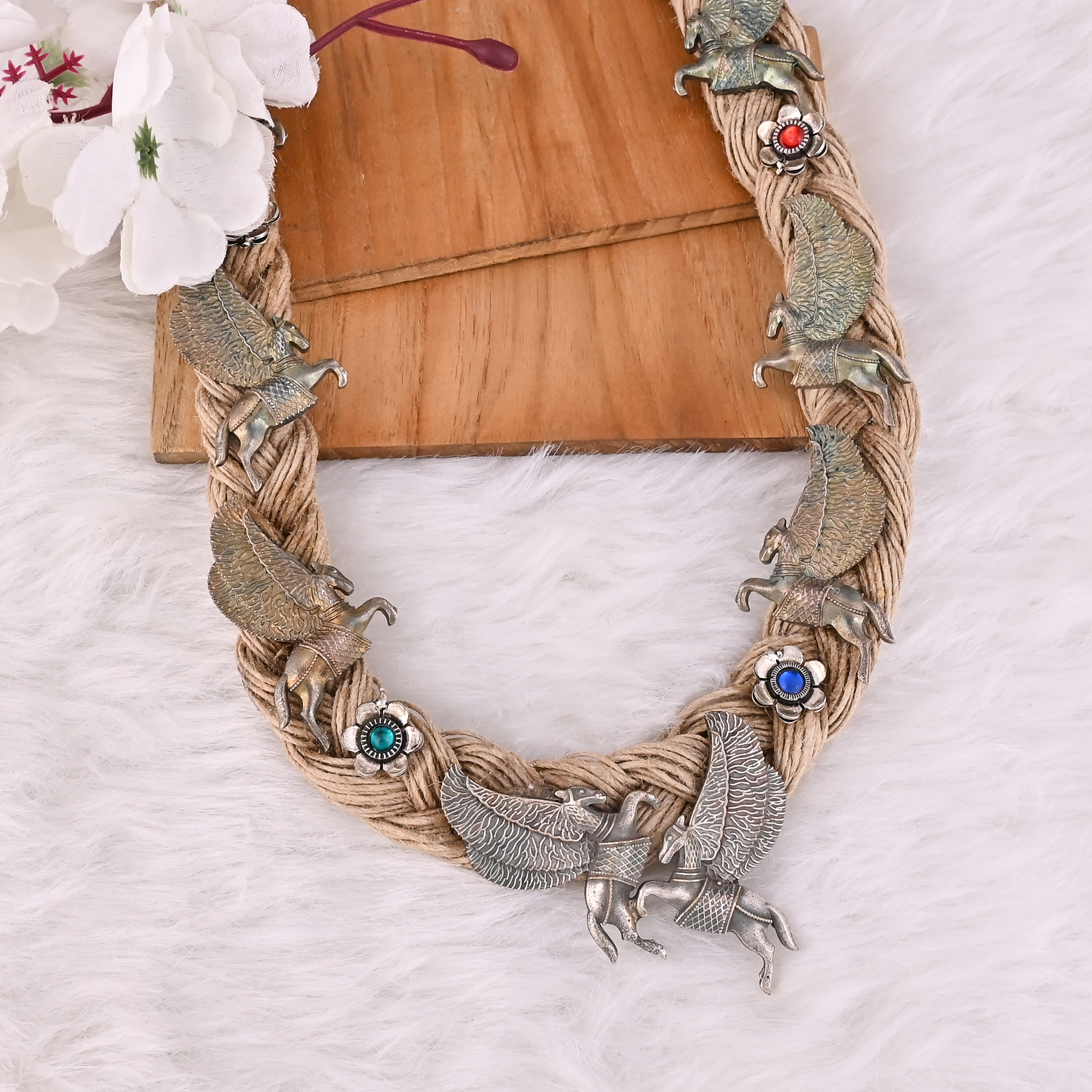 Boho Braided Jute Rope Pegasus Statement Necklace