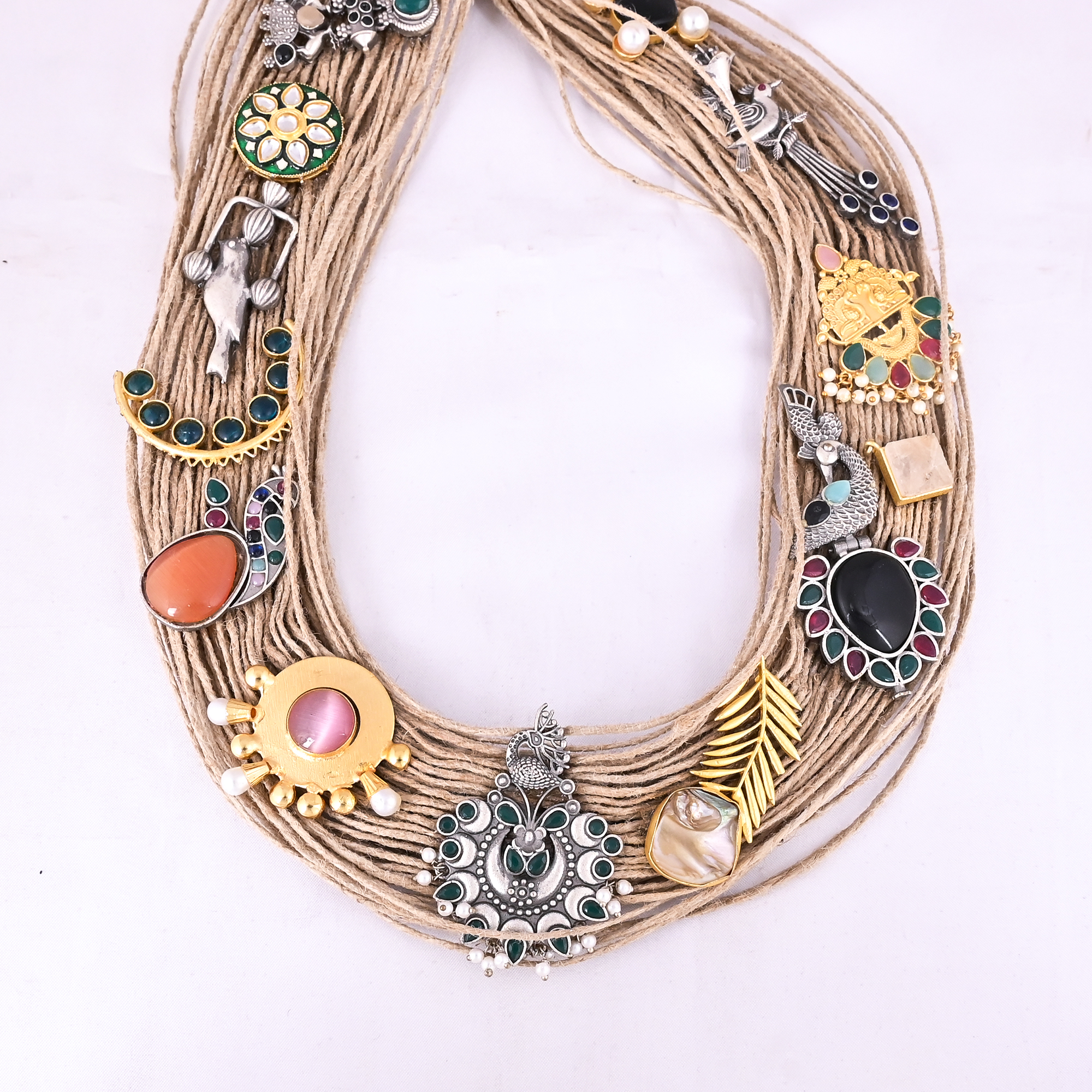 Boho Multi-Strand Jute Artisan Charm Statement Necklace