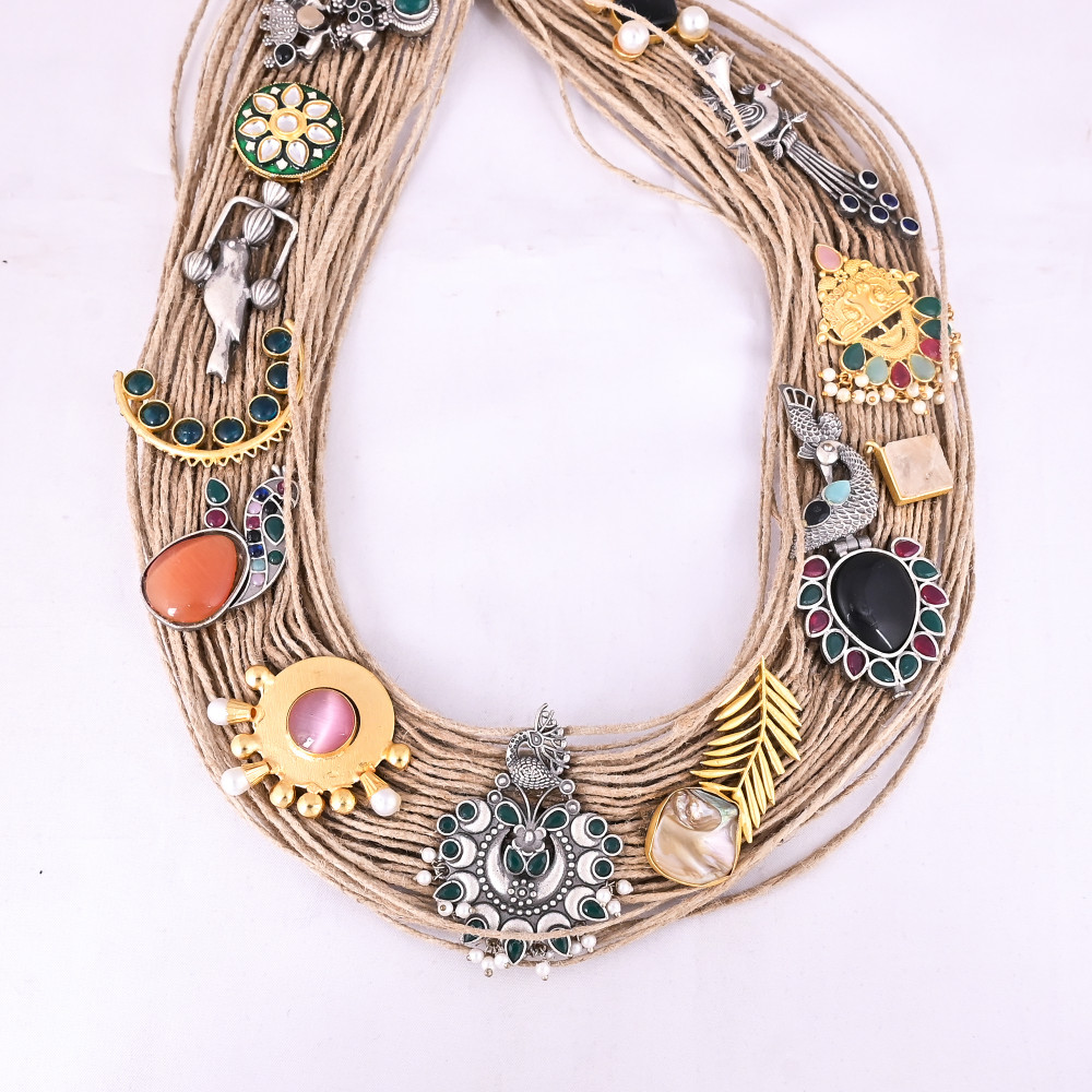 Image of Boho Multi-Strand Jute Artisan Charm Statement Necklace