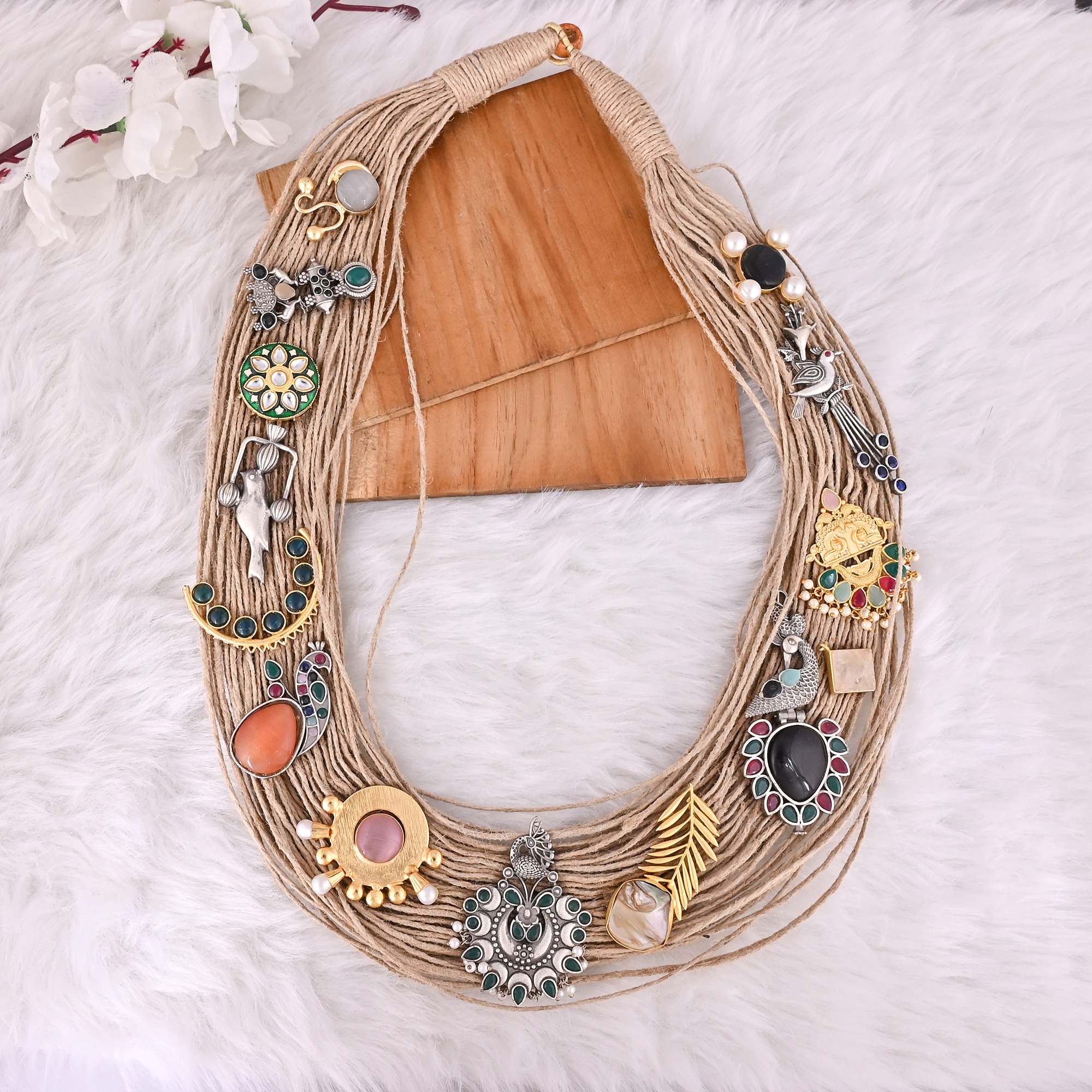 Boho Multi-Strand Jute Artisan Charm Statement Necklace