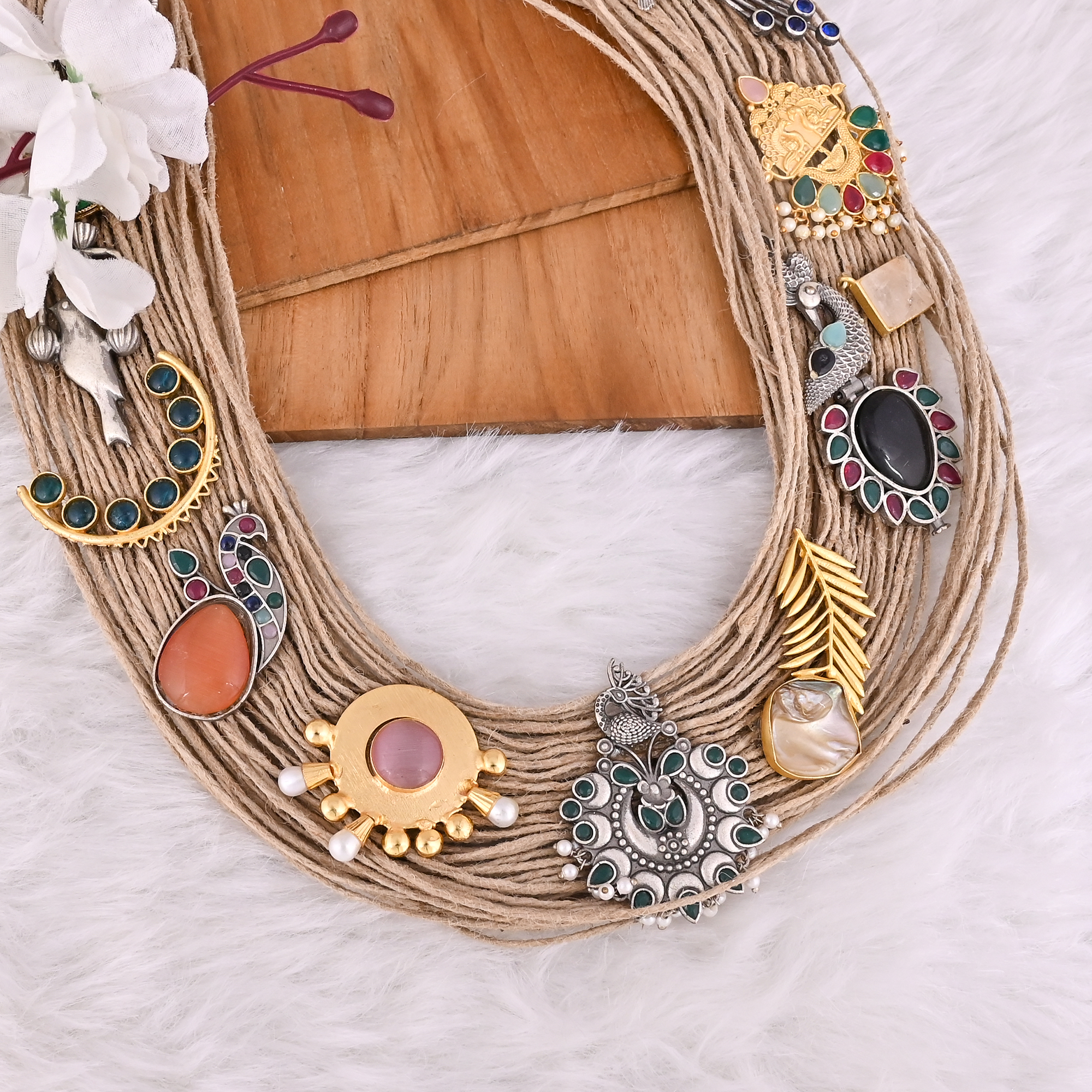 Boho Multi-Strand Jute Artisan Charm Statement Necklace