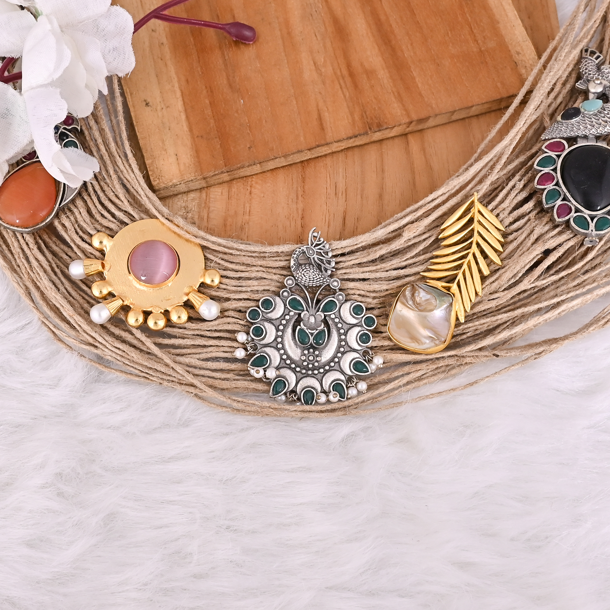 Boho Multi-Strand Jute Artisan Charm Statement Necklace