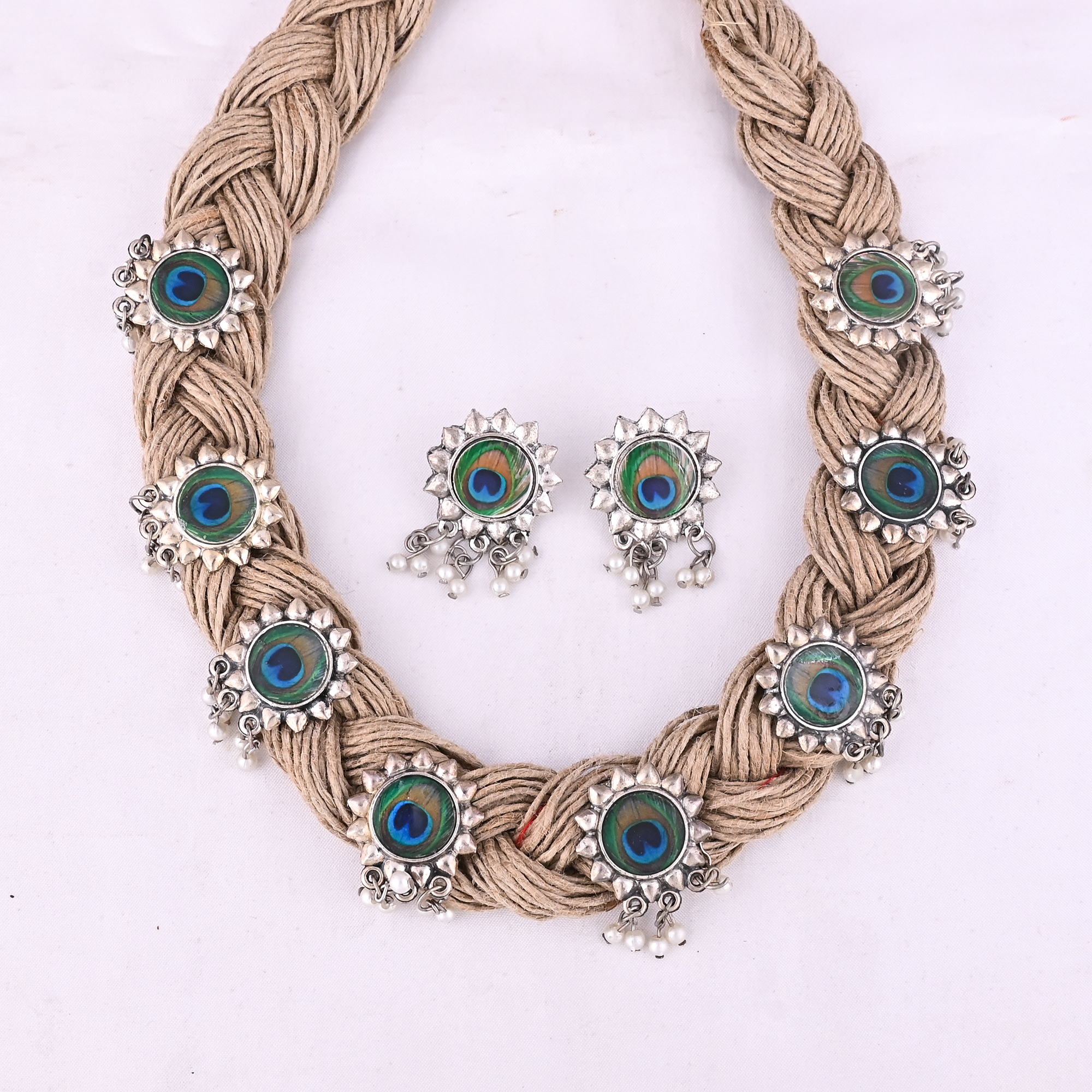 Boho Braided Jute Peacock Statement Necklace  Earrings Set