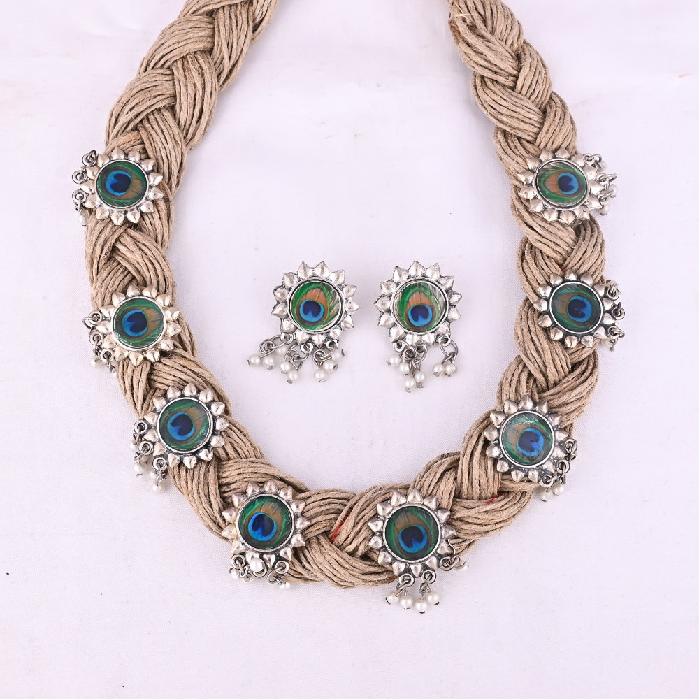 Image of Boho Braided Jute Peacock Statement Necklace &amp; Earrings Set
