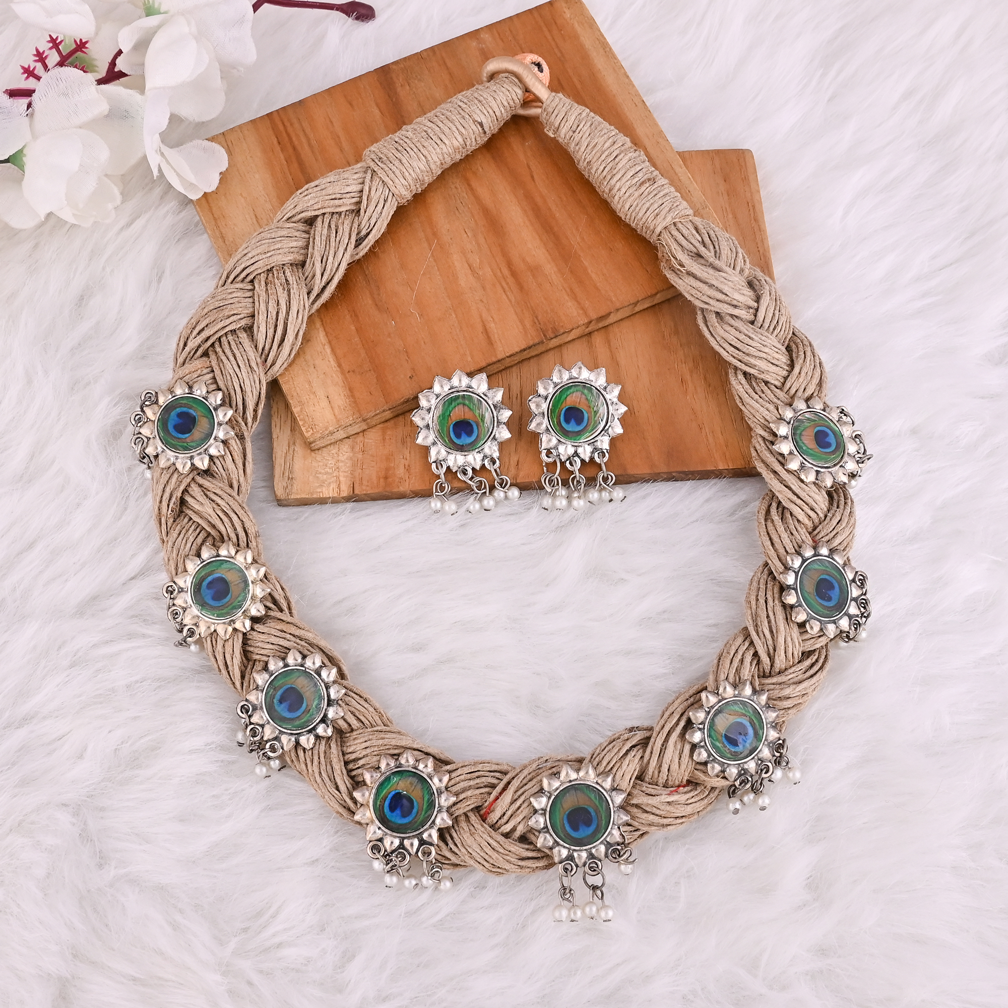 Boho Braided Jute Peacock Statement Necklace  Earrings Set