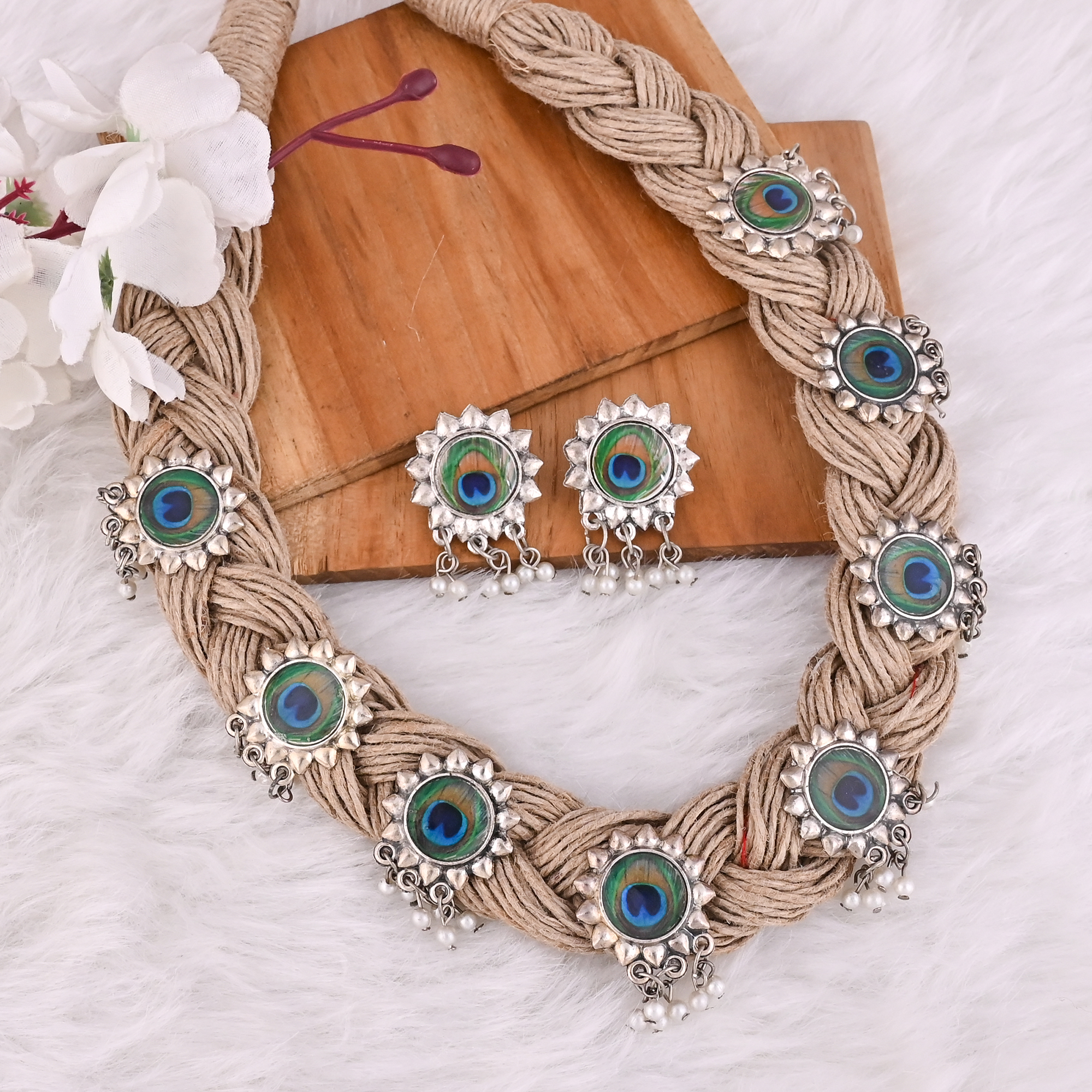 Boho Braided Jute Peacock Statement Necklace Earrings Set