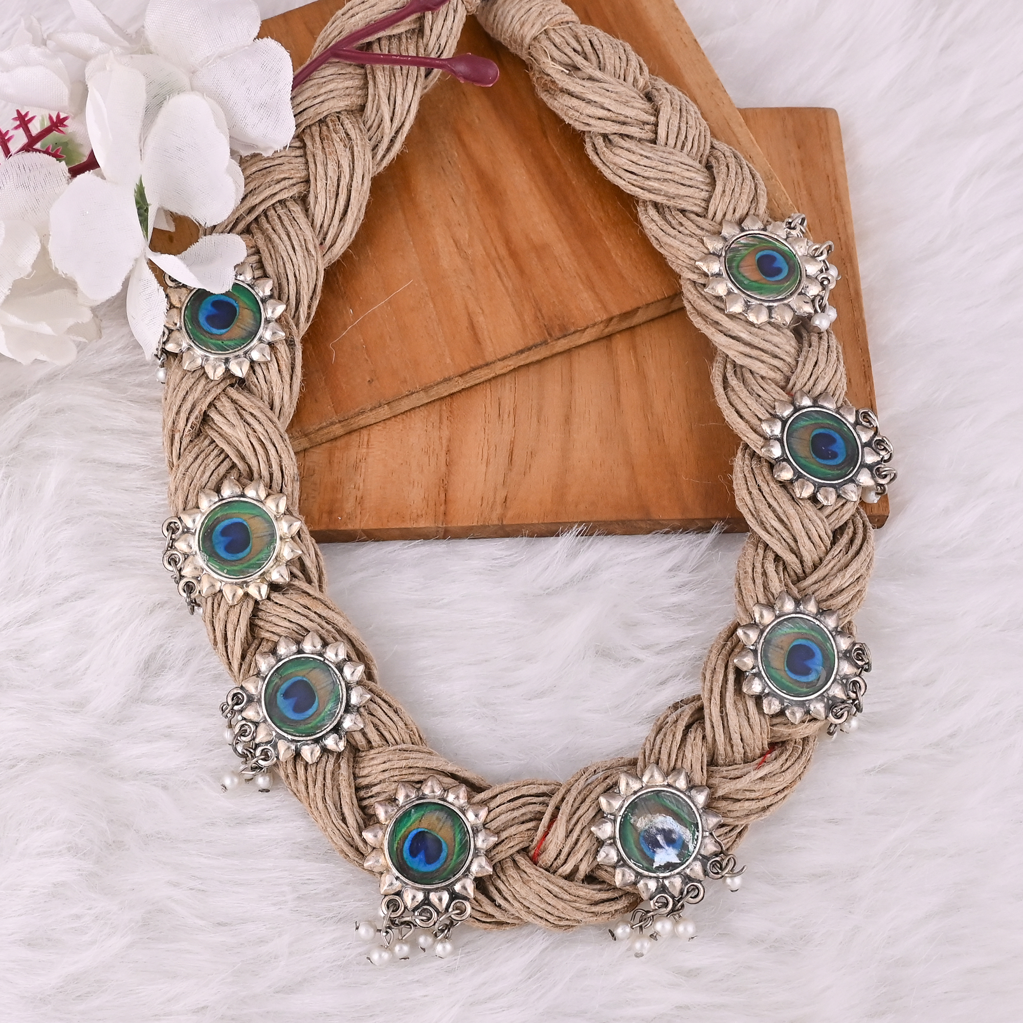 Boho Braided Jute Peacock Statement Necklace Earrings Set