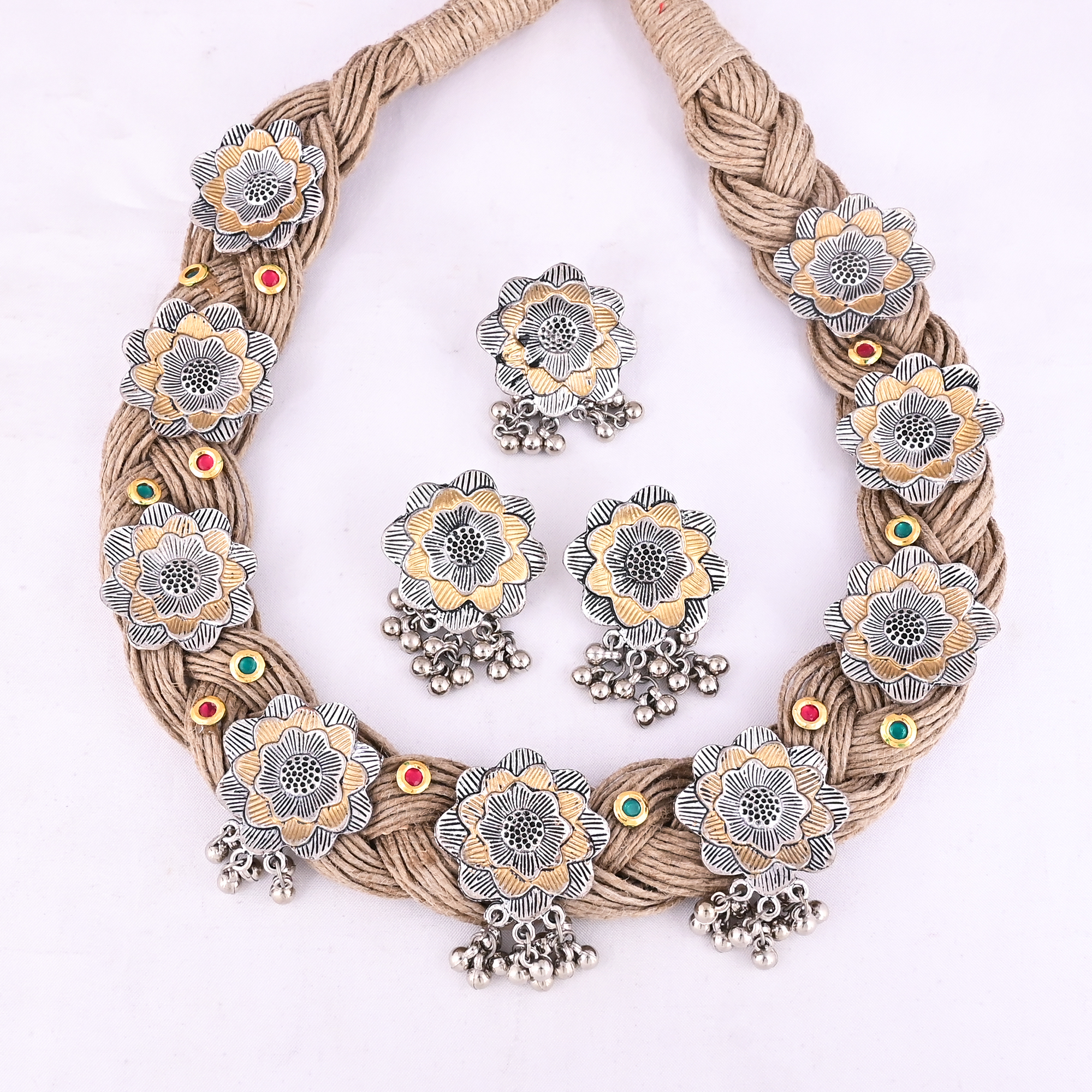 Handcrafted Floral Jute Rope Necklace Earrings Ring Set