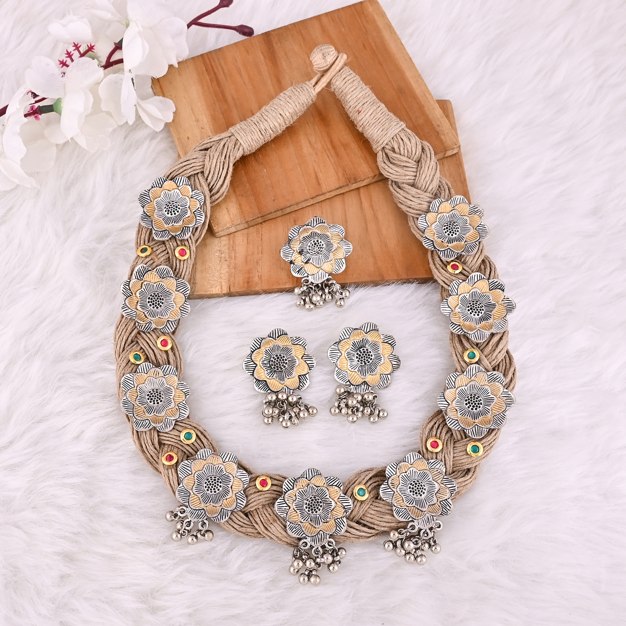 Handcrafted Floral Jute Rope Necklace Earrings Ring Set