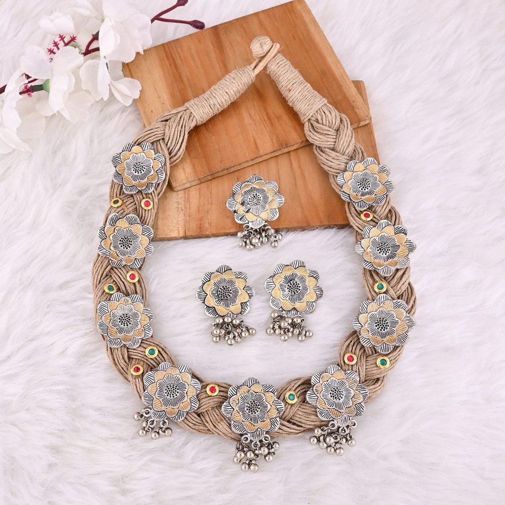 Image of Handcrafted Floral Jute Rope Necklace, Earrings &amp; Ring Set