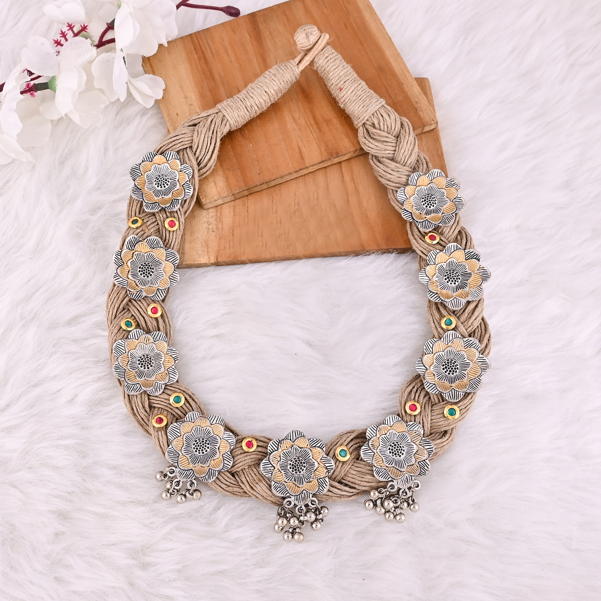 Handcrafted Floral Jute Rope Necklace Earrings Ring Set