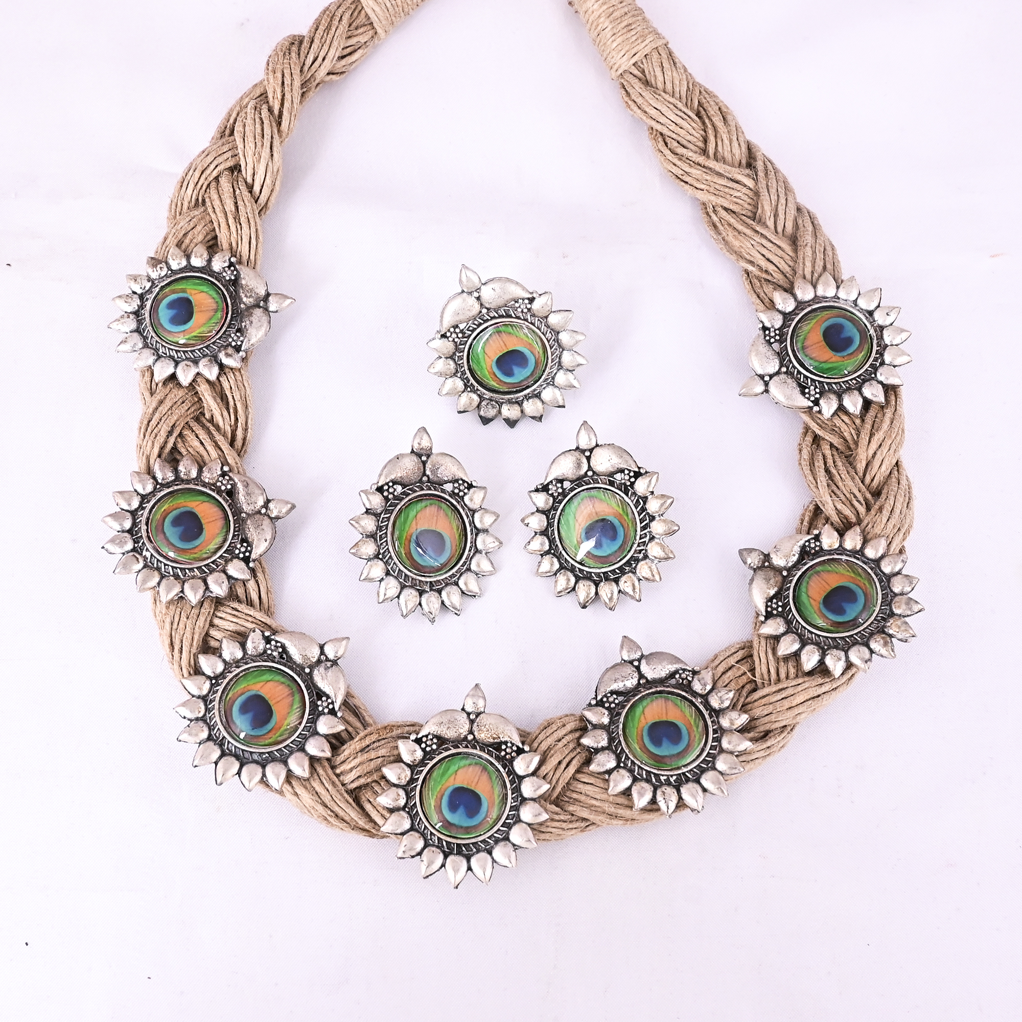 Handcrafted Peacock Jute Rope Necklace Set with Earrings  Ring