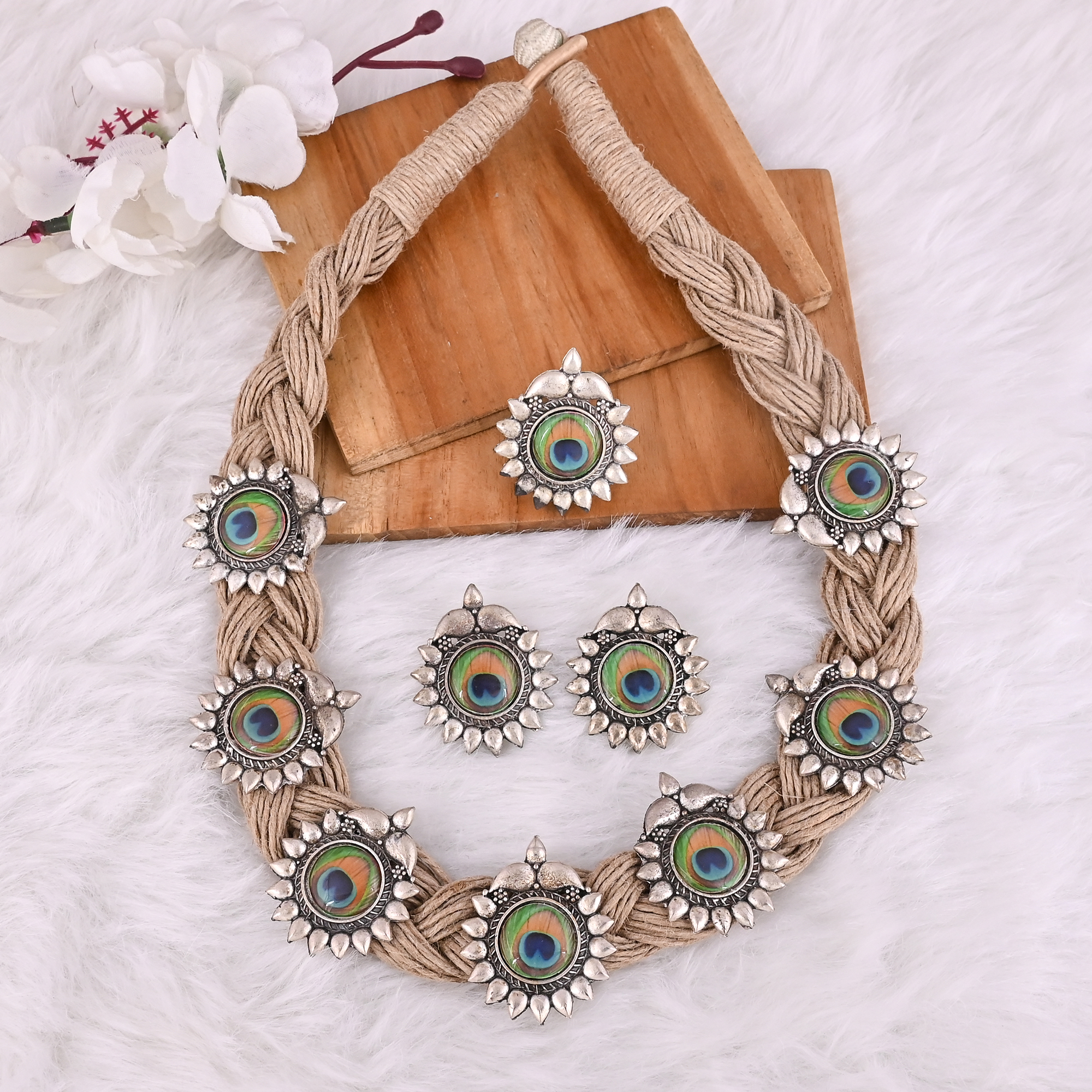 Handcrafted Peacock Jute Rope Necklace Set with Earrings  Ring