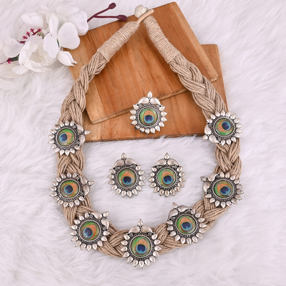Image of Handcrafted Peacock Jute Rope Necklace Set with Earrings &amp; Ring