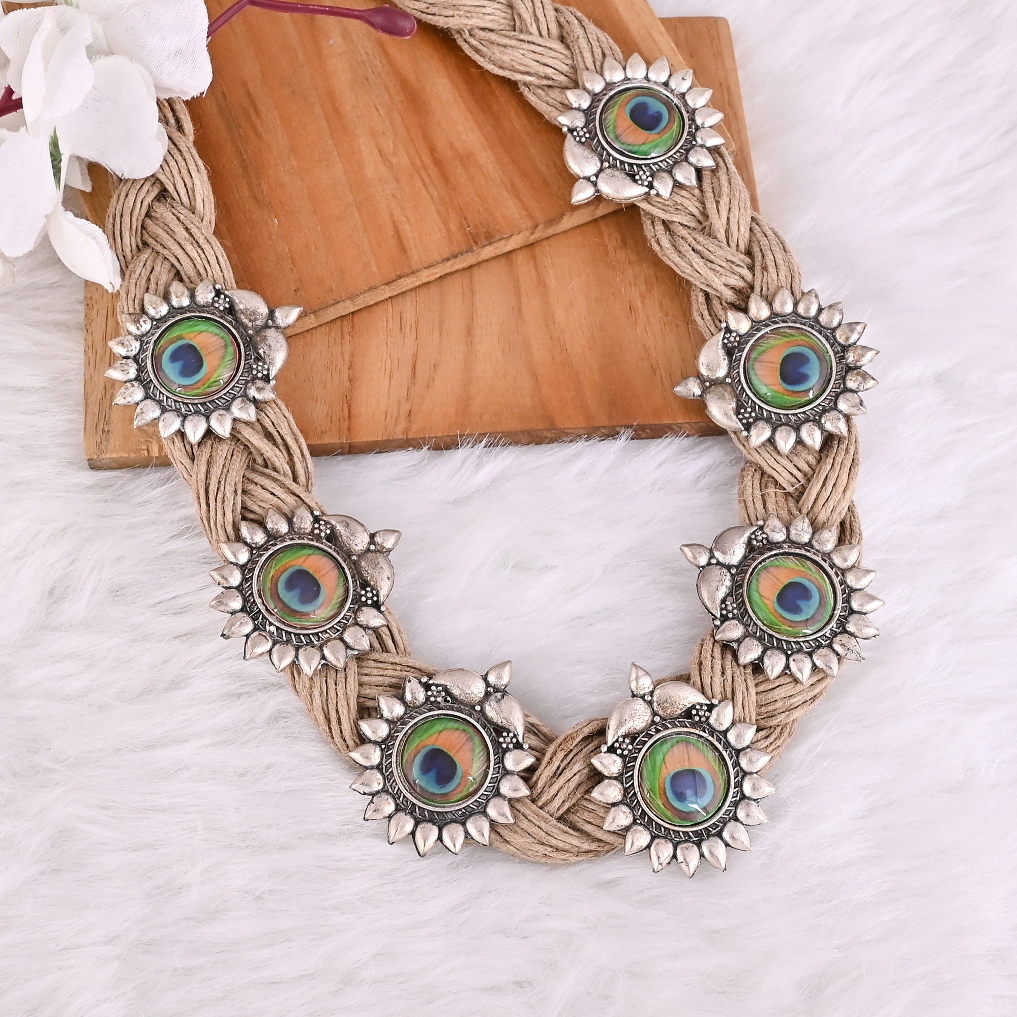 Handcrafted Peacock Jute Rope Necklace Set with Earrings  Ring