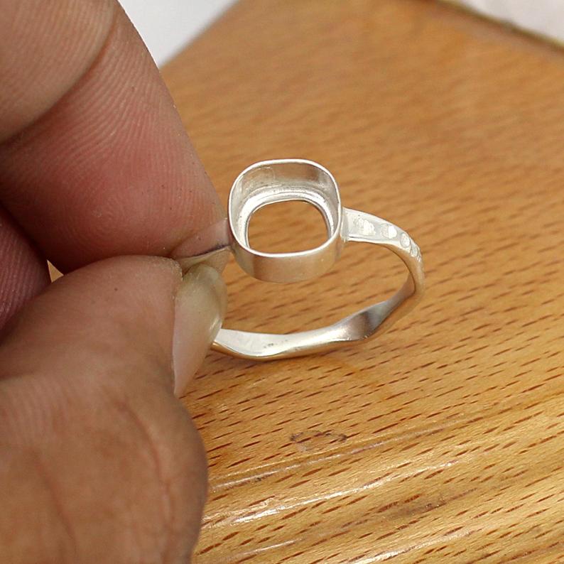 925 Silver 8x8mm Cushion Stone Hammered Band Blank Cup Bezel Set Ring Collet