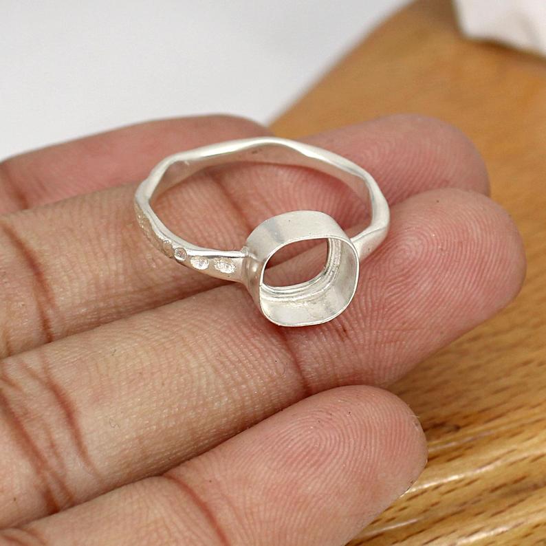 925 Silver 8x8mm Cushion Stone Hammered Band Blank Cup Bezel Set Ring Collet