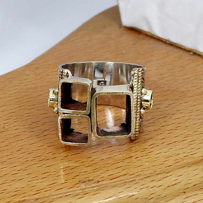 925 Sterling Silver 6x6mm Square 2 Stone 10x8mm Octagon 4mm Round 2 Stone Two Tone Ring Collet