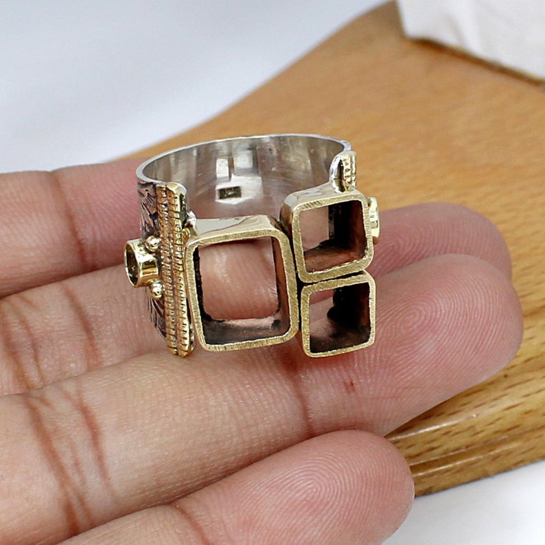 925 Sterling Silver 6x6mm Square 2 Stone 10x8mm Octagon 4mm Round 2 Stone Two Tone Ring Collet