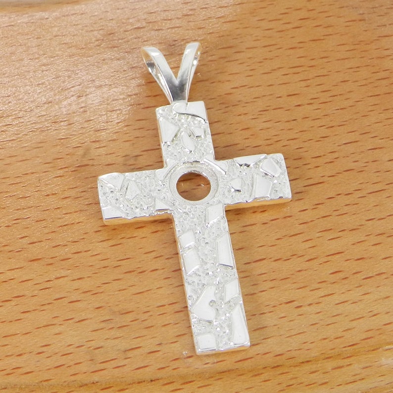 925 Sterling Silver Pendant Collet 6mm Round Cabochon Bezel Cup For Nugget Cross Pendant Metal Casting For Pre Notched Setting