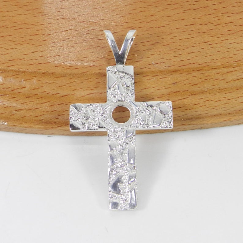 925 Sterling Silver Pendant Collet 6mm Round Cabochon Bezel Cup For Nugget Cross Pendant Metal Casting For Pre Notched Setting