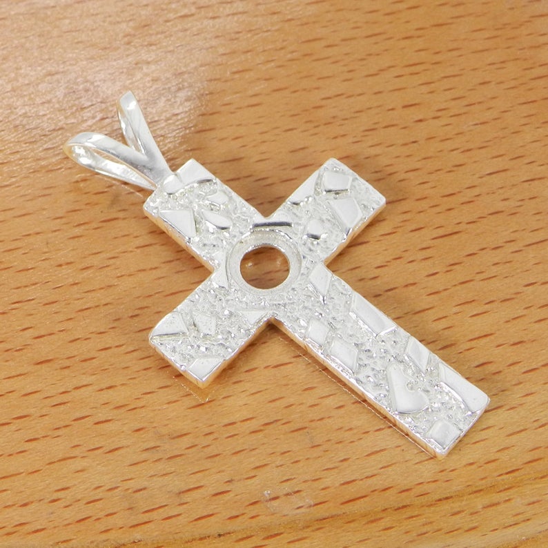 925 Sterling Silver Pendant Collet 6mm Round Cabochon Bezel Cup For Nugget Cross Pendant Metal Casting For Pre Notched Setting
