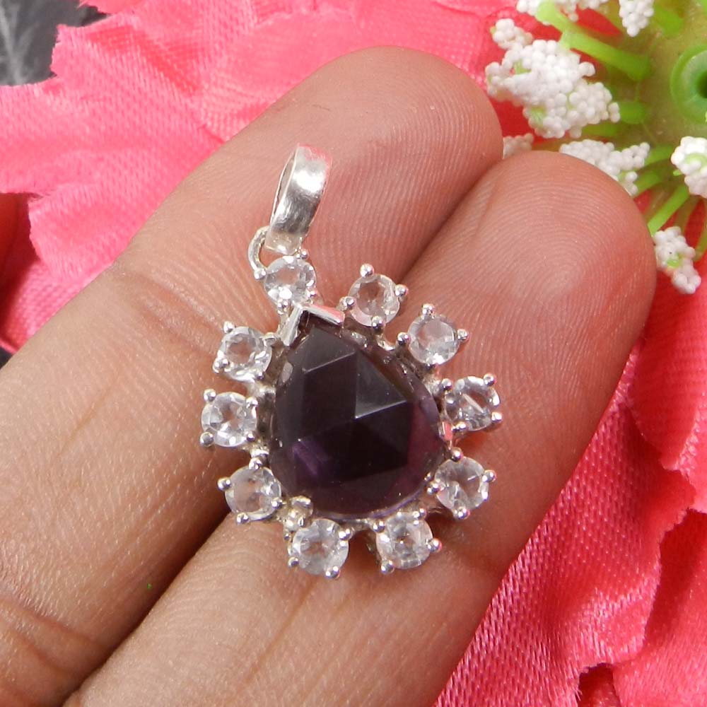 Amethyst hydro amp Crystal quartz Silver Designer Prong Set Pendant