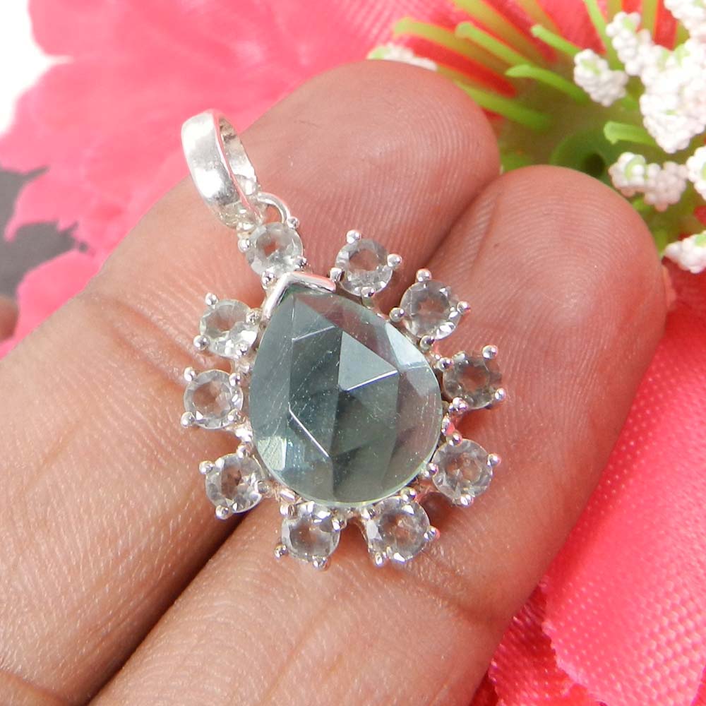 Amethyst hydro amp Crystal quartz Silver Designer Prong Set Pendant