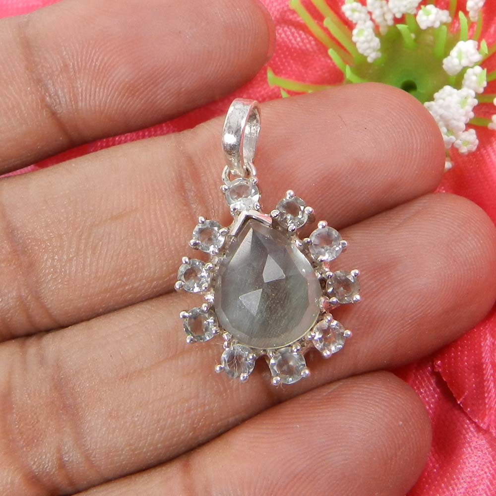 Amethyst hydro amp Crystal quartz Silver Designer Prong Set Pendant