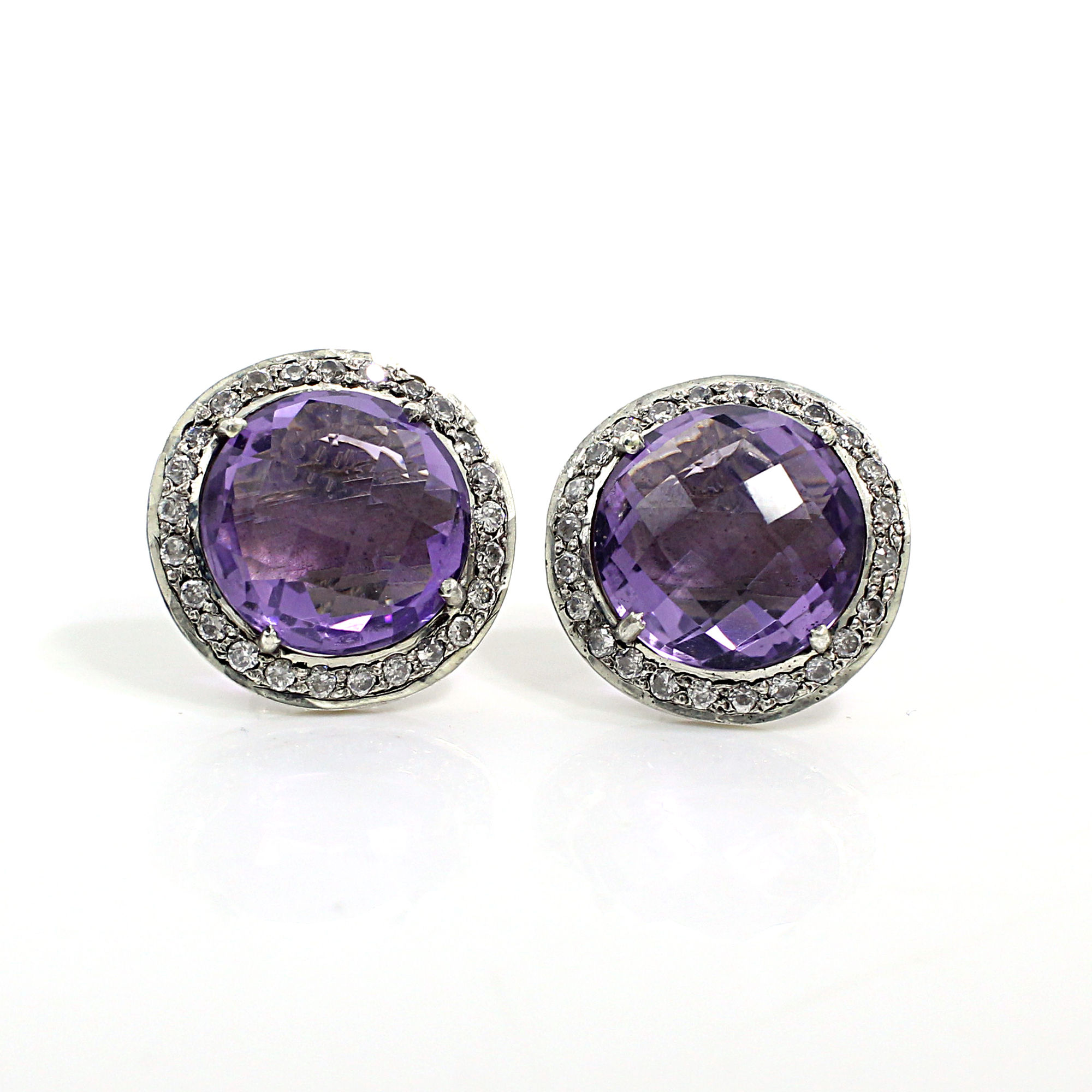 Amethyst Hydro with CZ Silver Stud Earrings