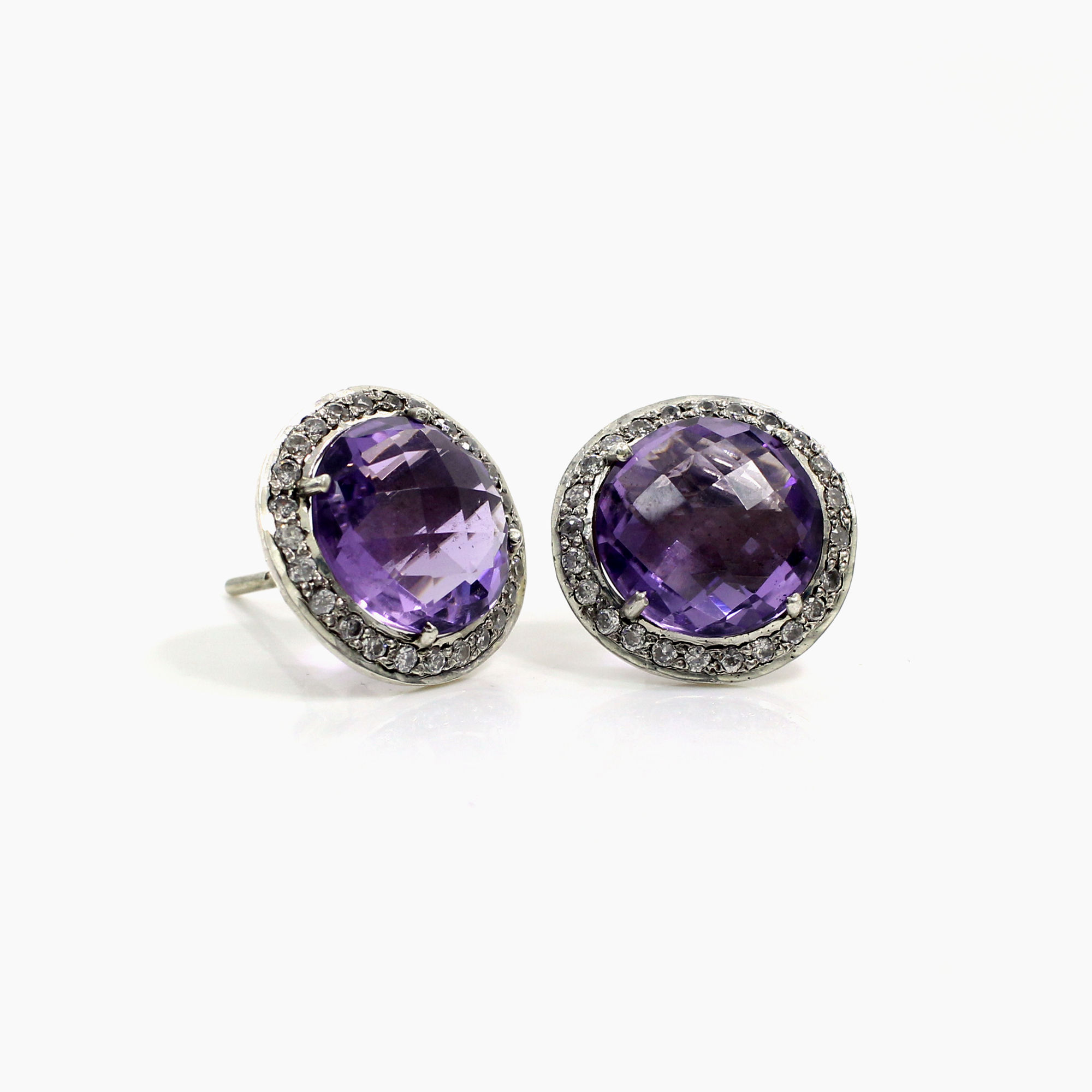 Amethyst Hydro with CZ Silver Stud Earrings