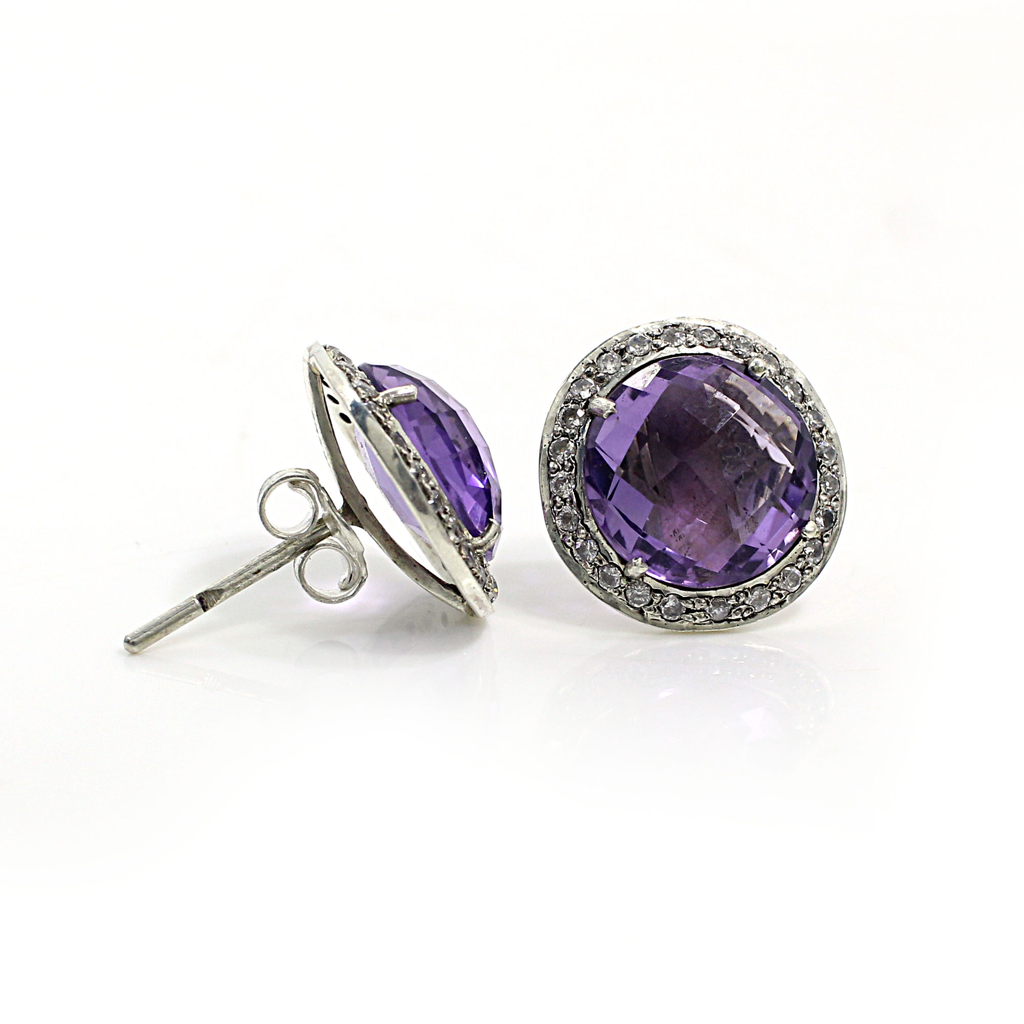 Amethyst Hydro with CZ Silver Stud Earrings