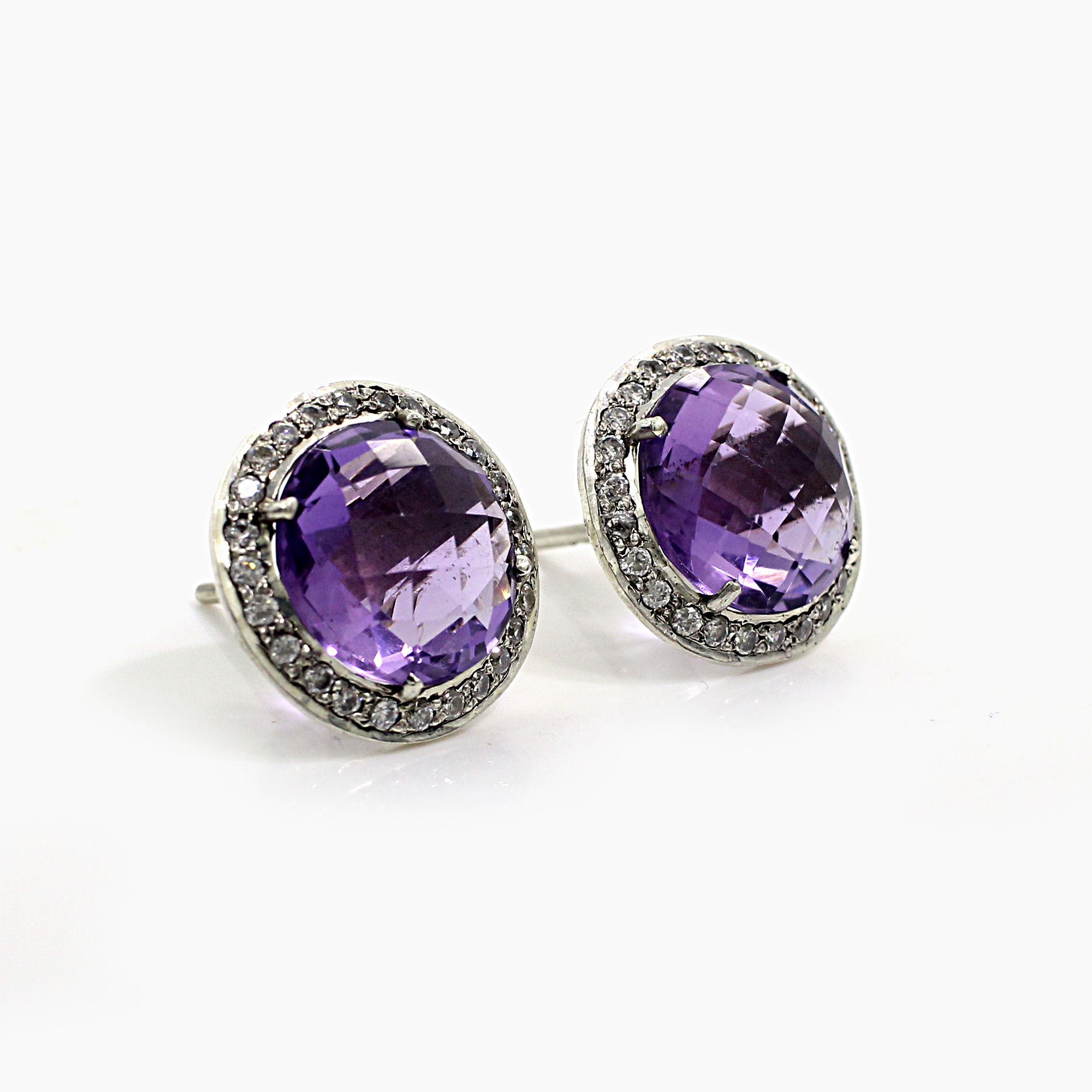 Amethyst Hydro with CZ Silver Stud Earrings