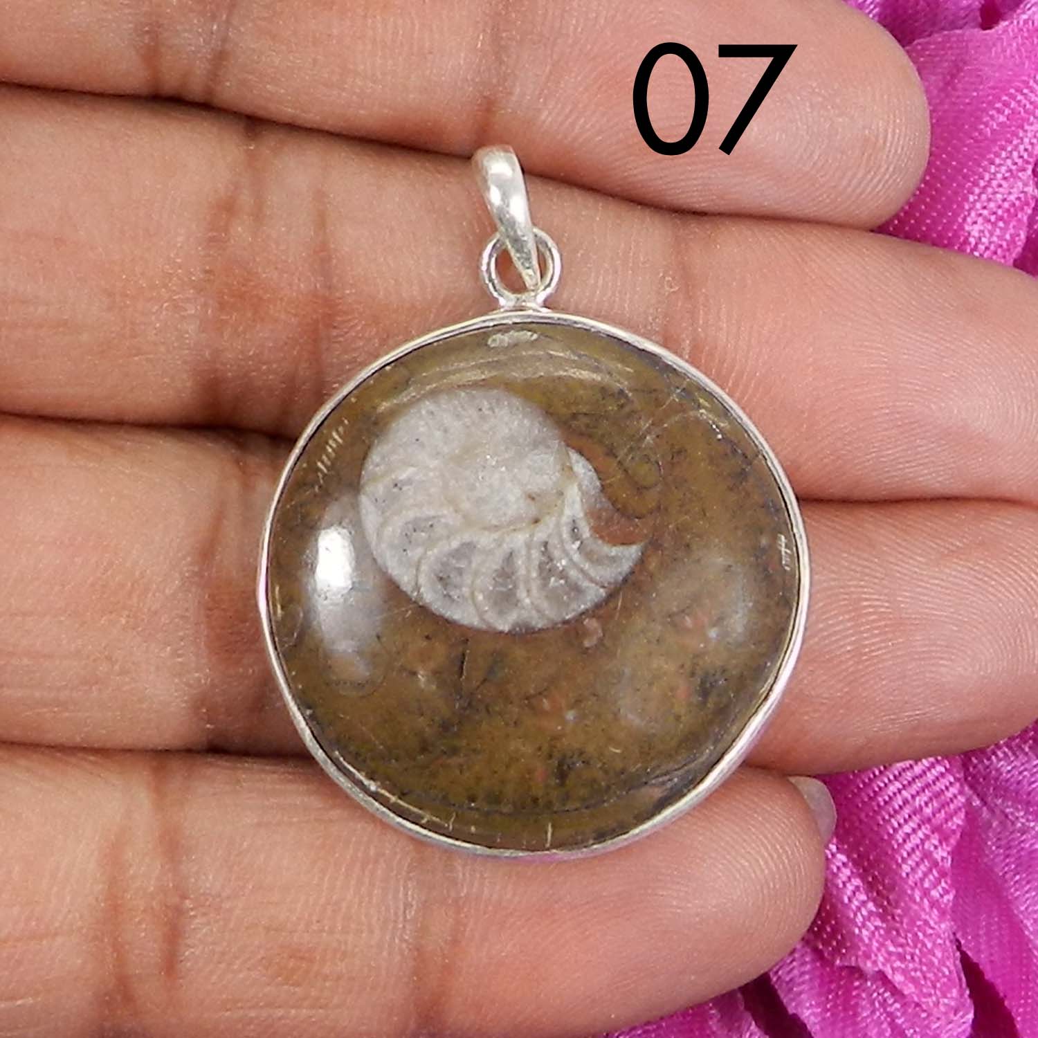 Ammonite Brown 925 Sterling Silver Designer Bezel Set Pendant