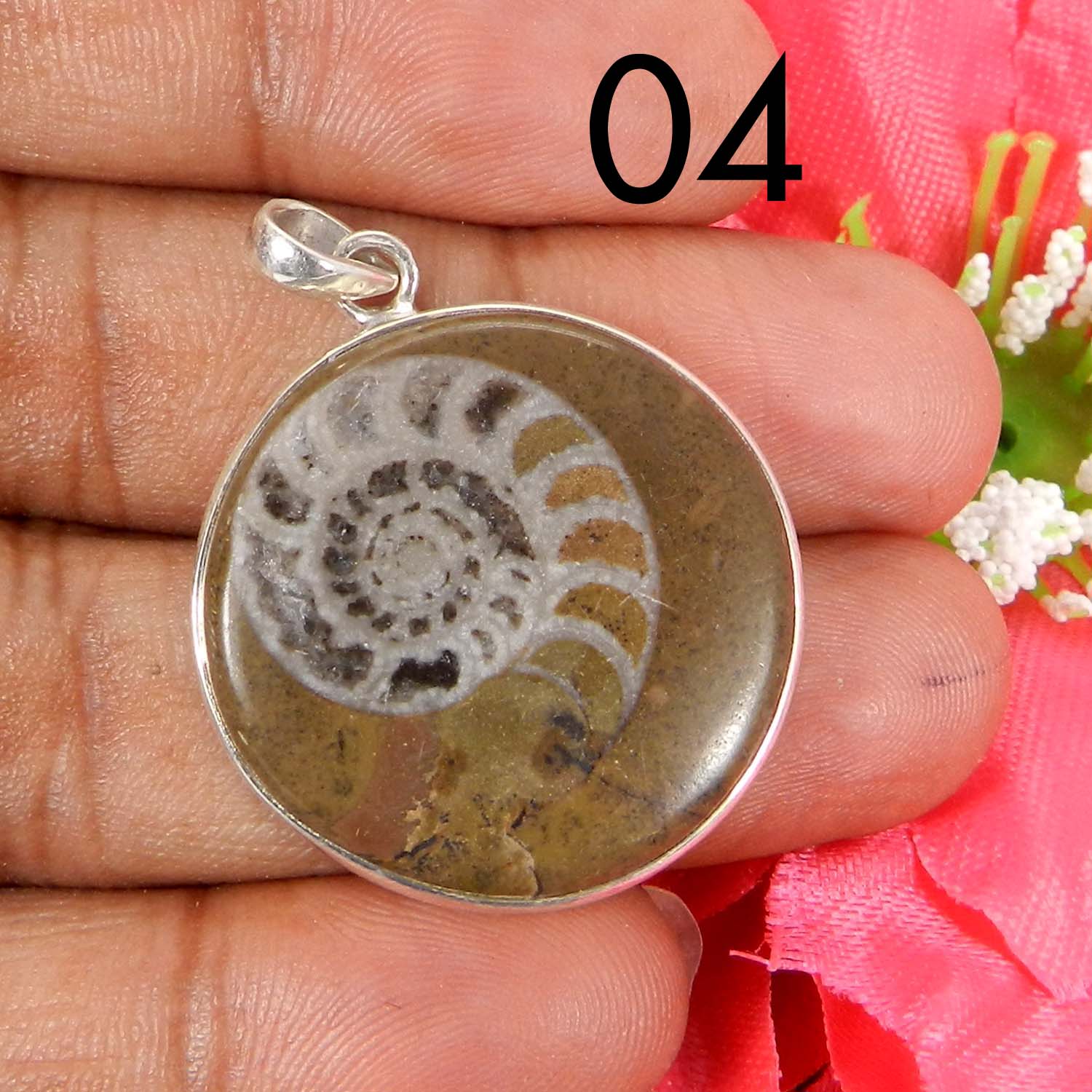 Ammonite Brown 925 Sterling Silver Designer Bezel Set Pendant