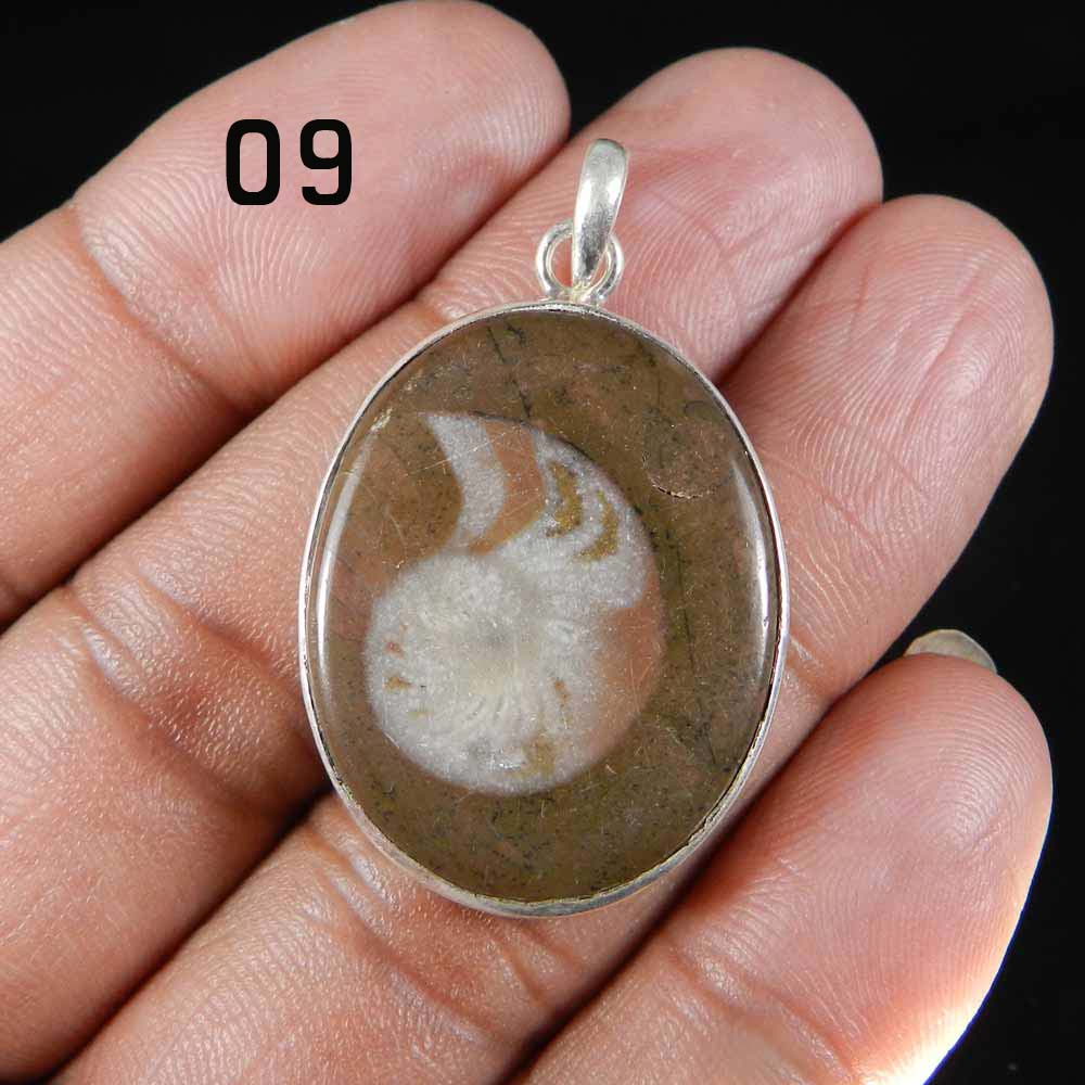 Ammonite Brown 925 Sterling Silver Designer Bezel Set Pendant