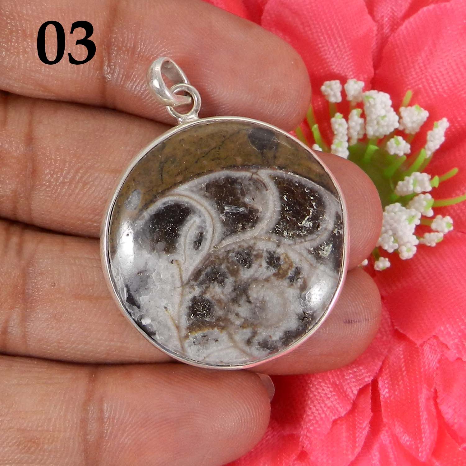 Ammonite Brown 925 Sterling Silver Designer Bezel Set Pendant