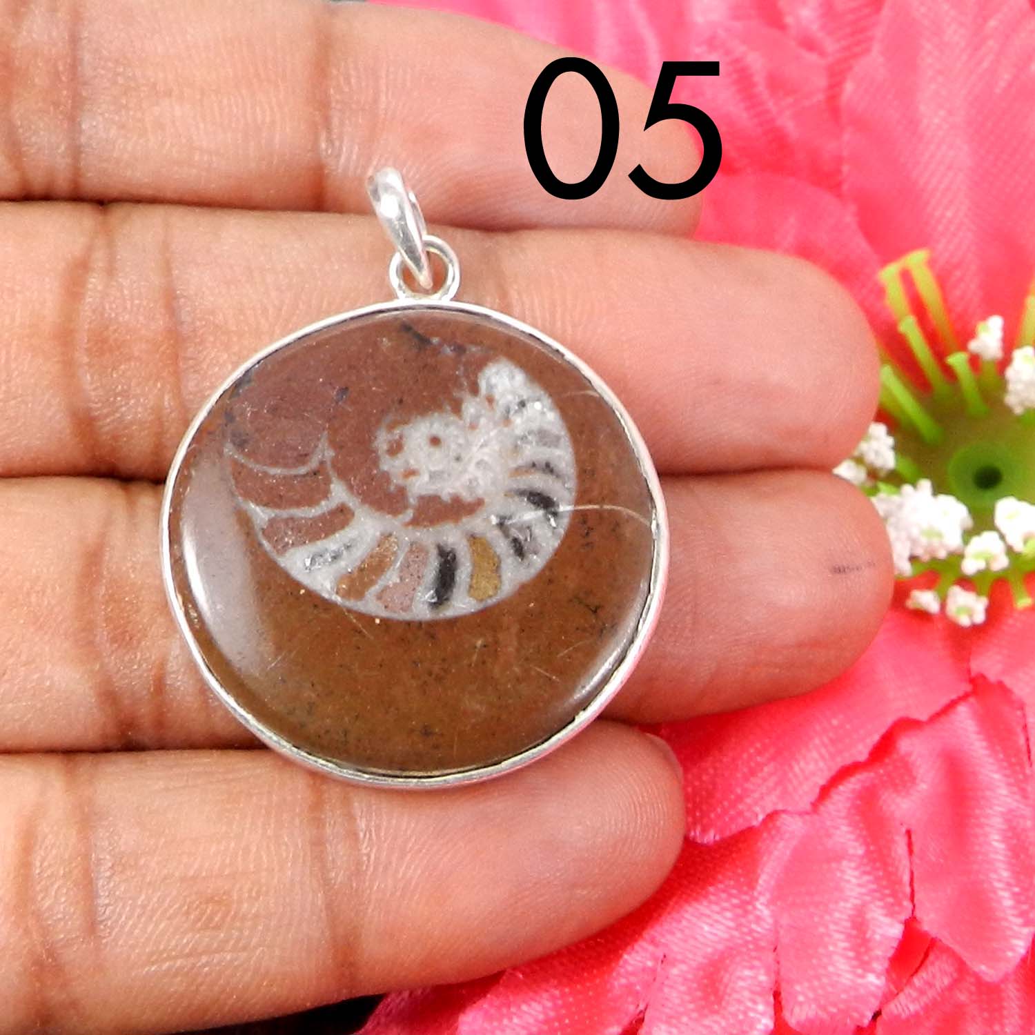 Ammonite Brown 925 Sterling Silver Designer Bezel Set Pendant