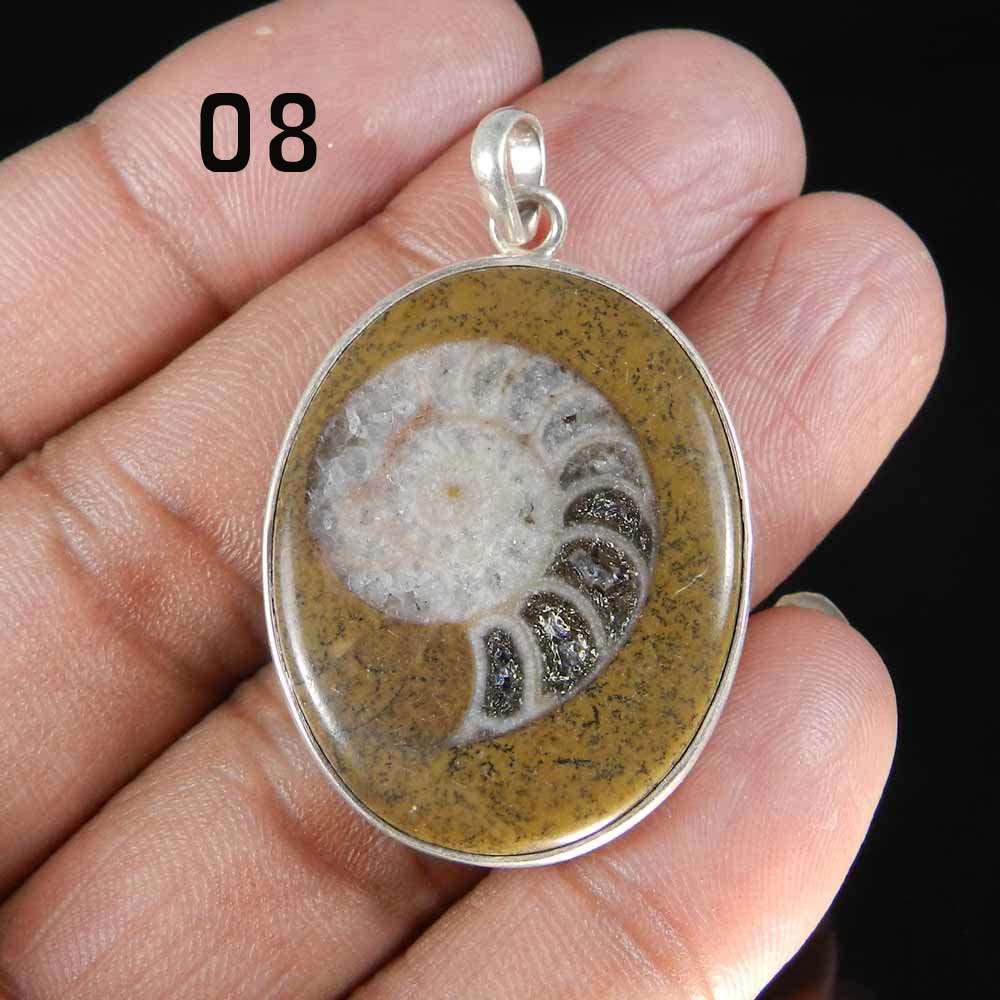 Ammonite Brown 925 Sterling Silver Designer Bezel Set Pendant