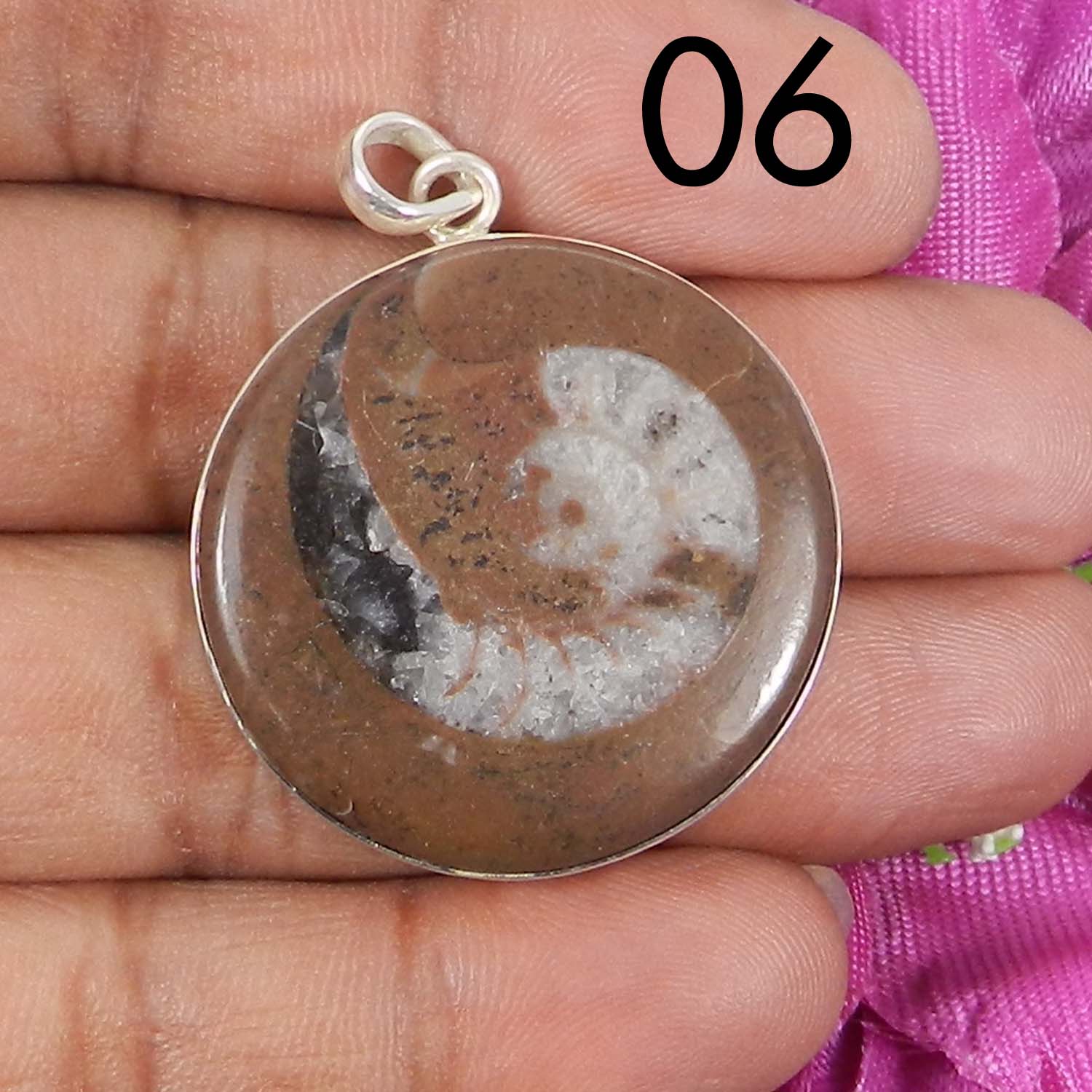 Ammonite Brown 925 Sterling Silver Designer Bezel Set Pendant