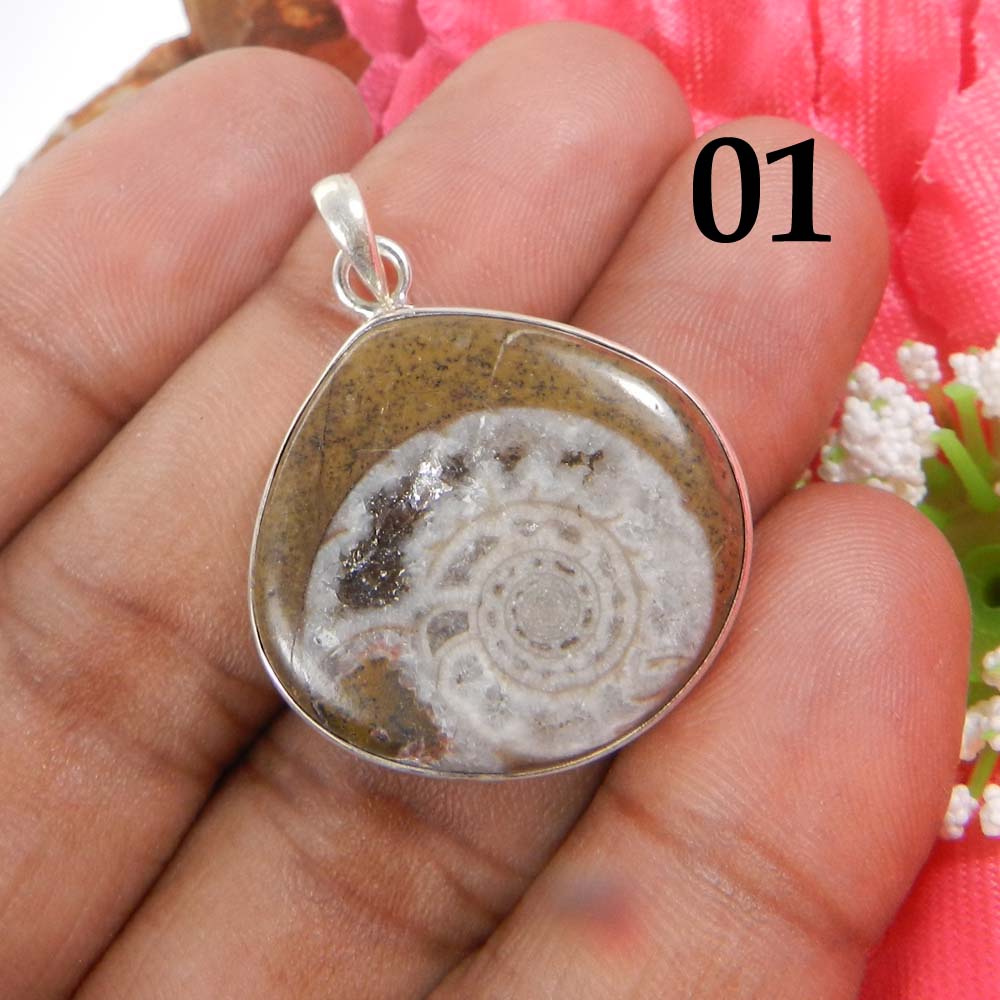 Ammonite Brown 925 Sterling Silver Designer Bezel Set Pendant