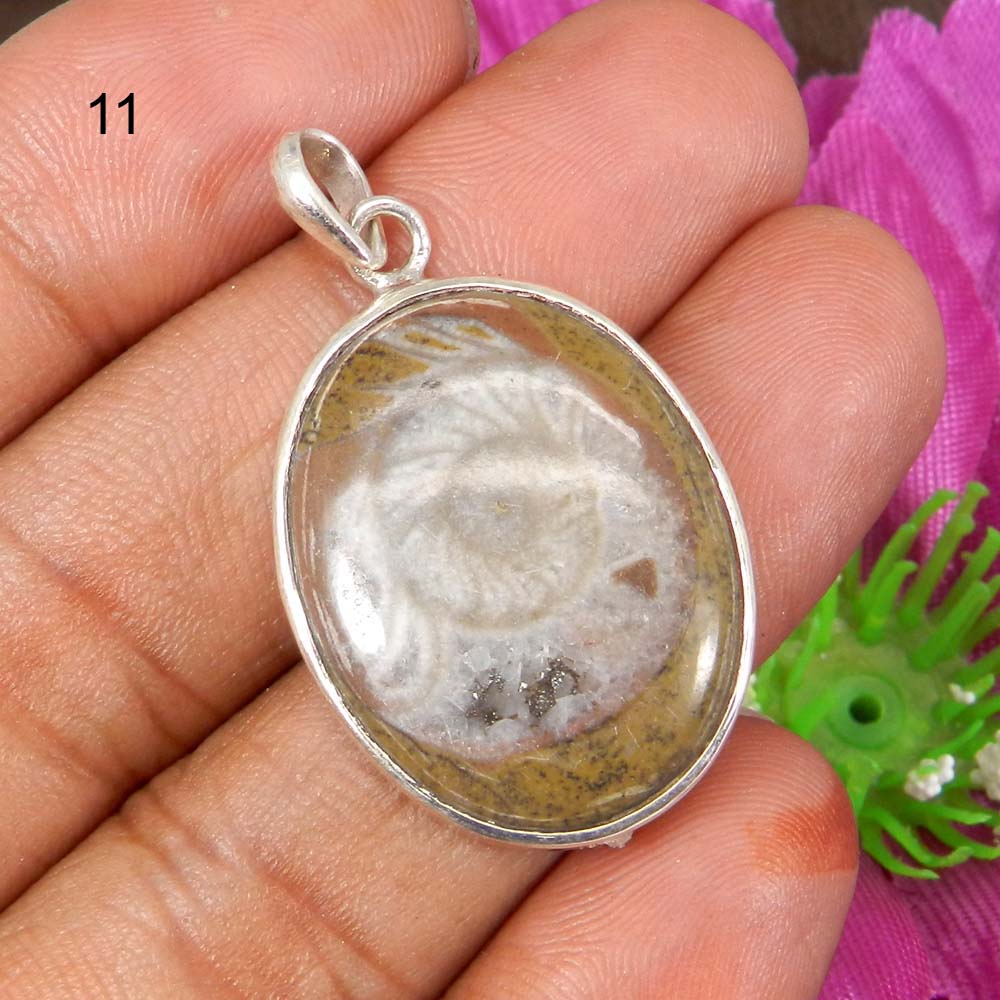 Ammonite Brown 925 Sterling Silver Designer Bezel Set Pendant